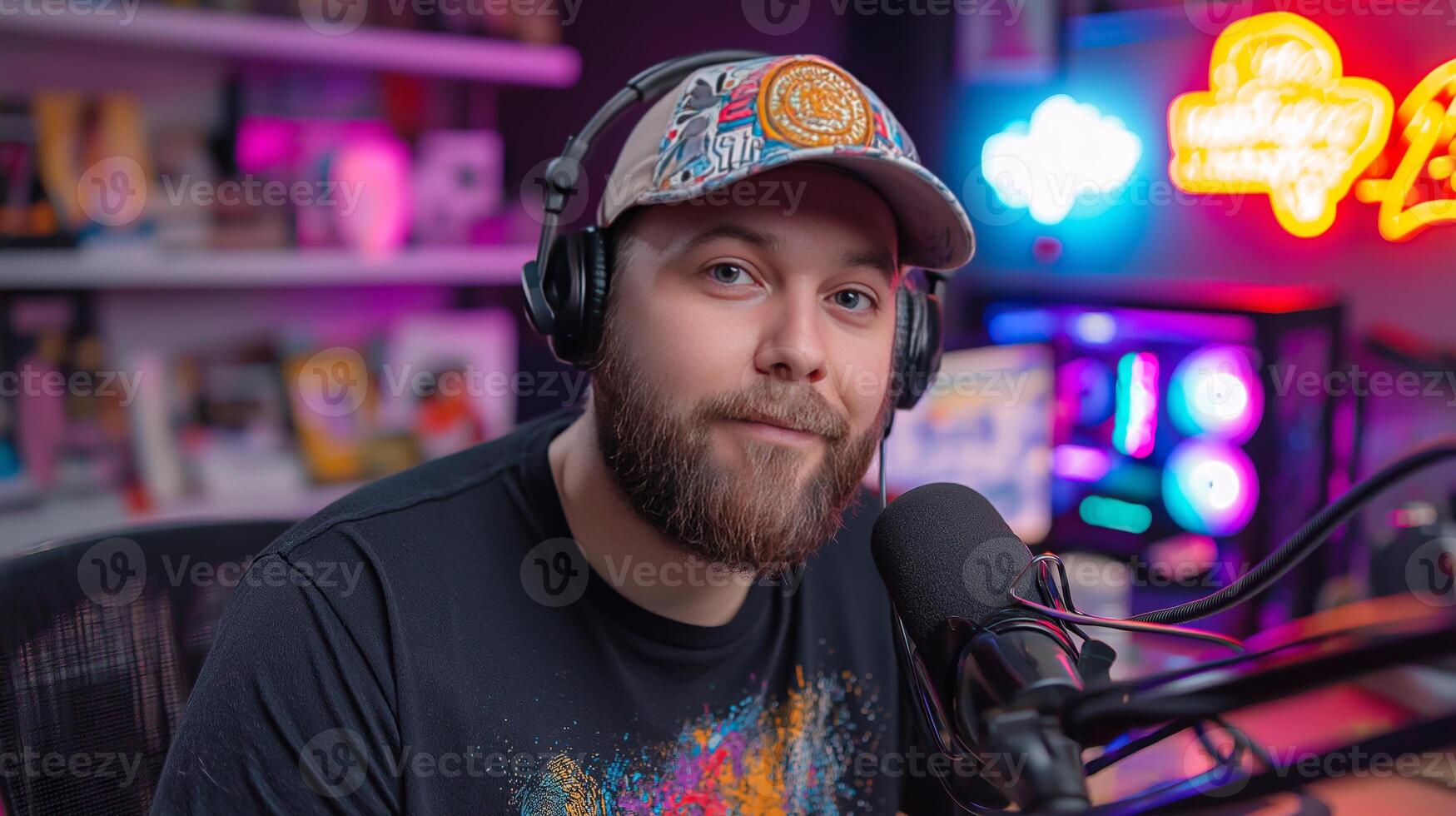 A podcast host wearing headphones and a colorful cap talks about AI in a vibrant studio filled with creative decor and neon lights. The atmosphere is energetic and focused on technology discussions. photo