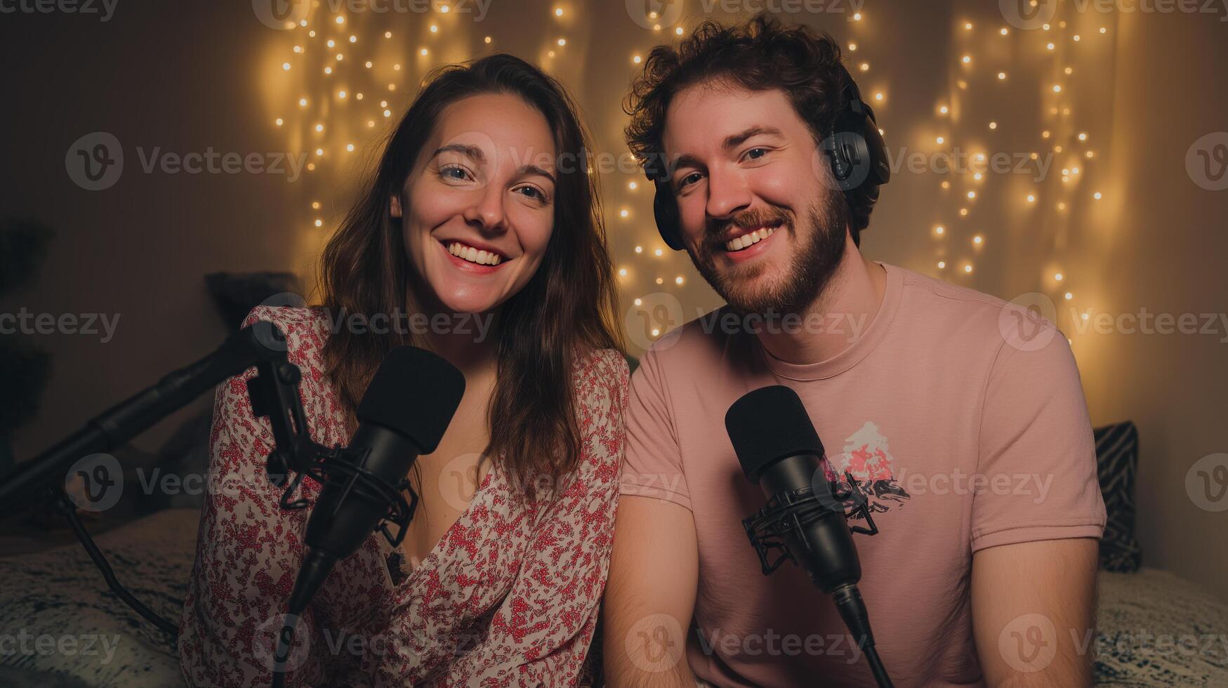 Two podcast hosts are smiling and sitting side by side in a decorated room, discussing artificial intelligence. The warm ambiance is enhanced by string lights in the background. photo