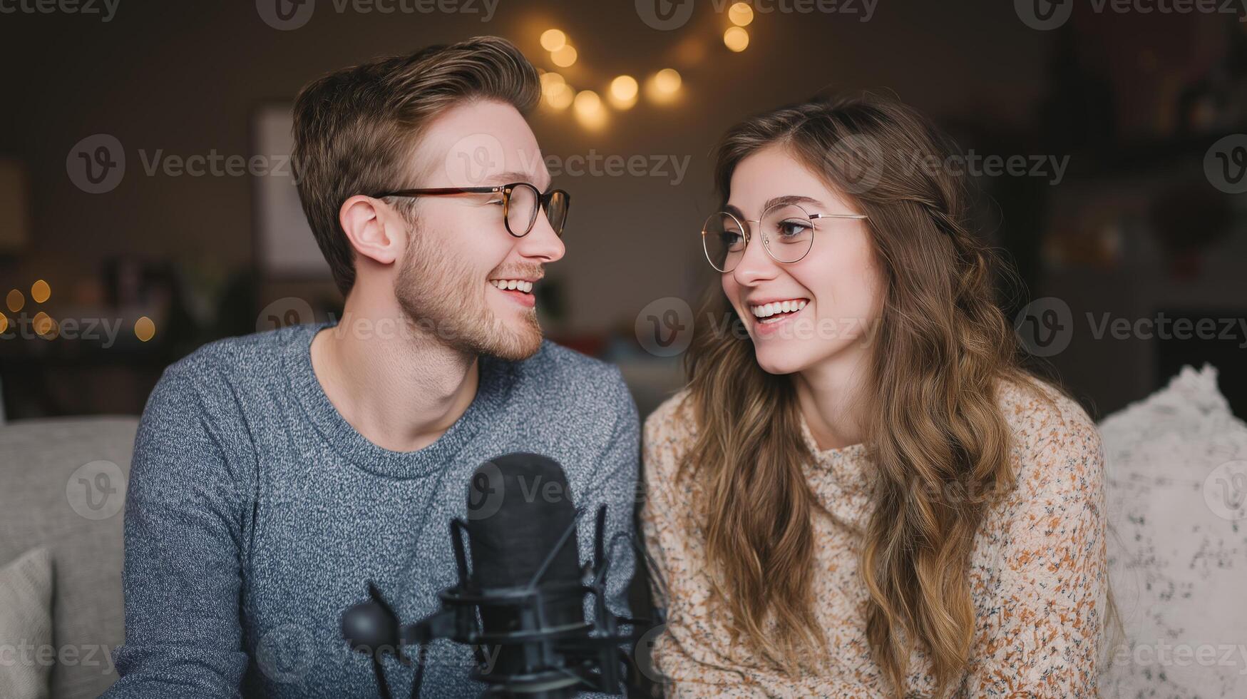 Two hosts share a lively conversation about artificial intelligence in a relaxed atmosphere, surrounded by soft lighting and decorative elements, creating an inviting ambiance for listeners. photo