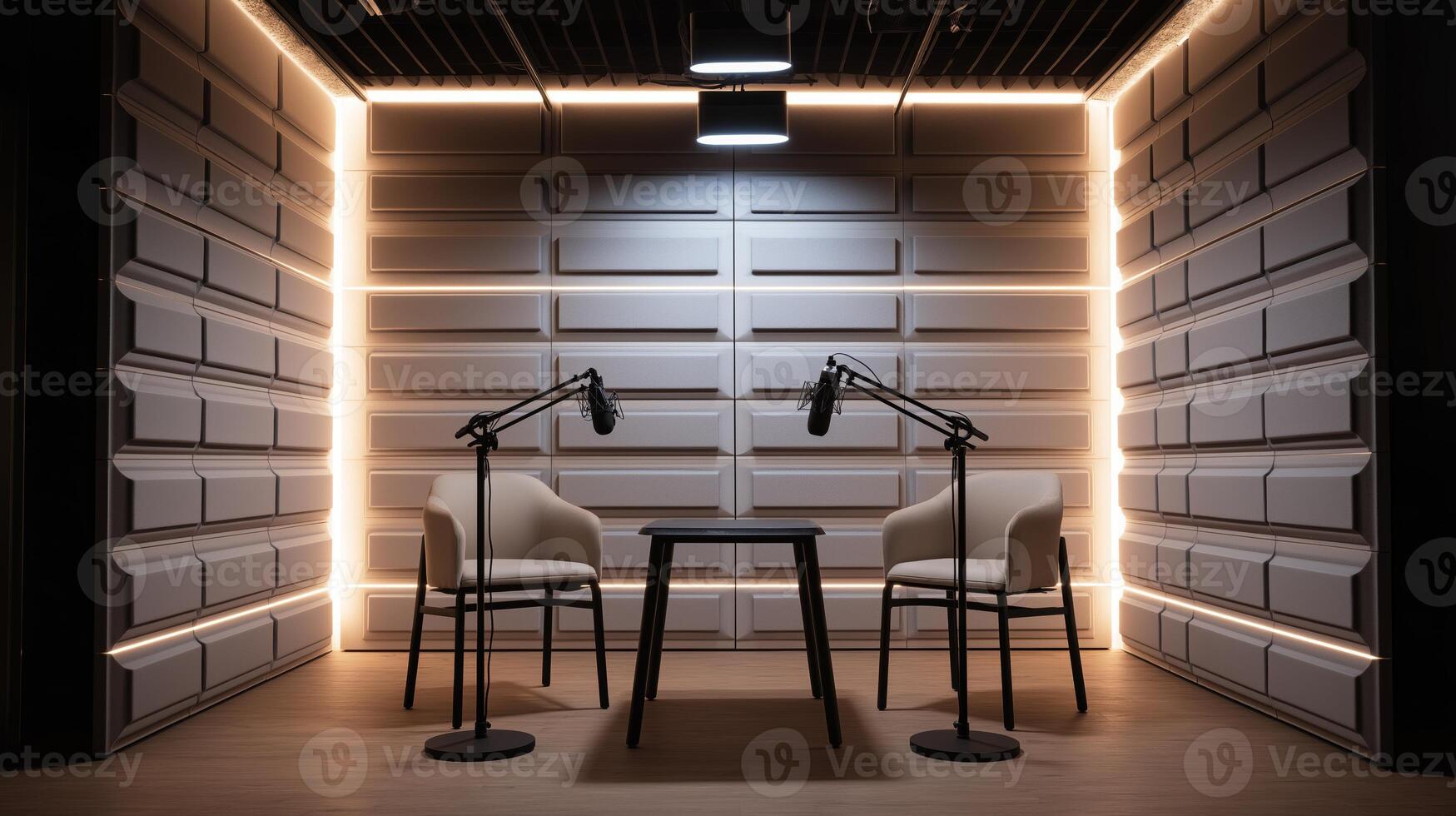 A sleek podcast studio with two microphones set up for recording, surrounded by stylish lighting. photo
