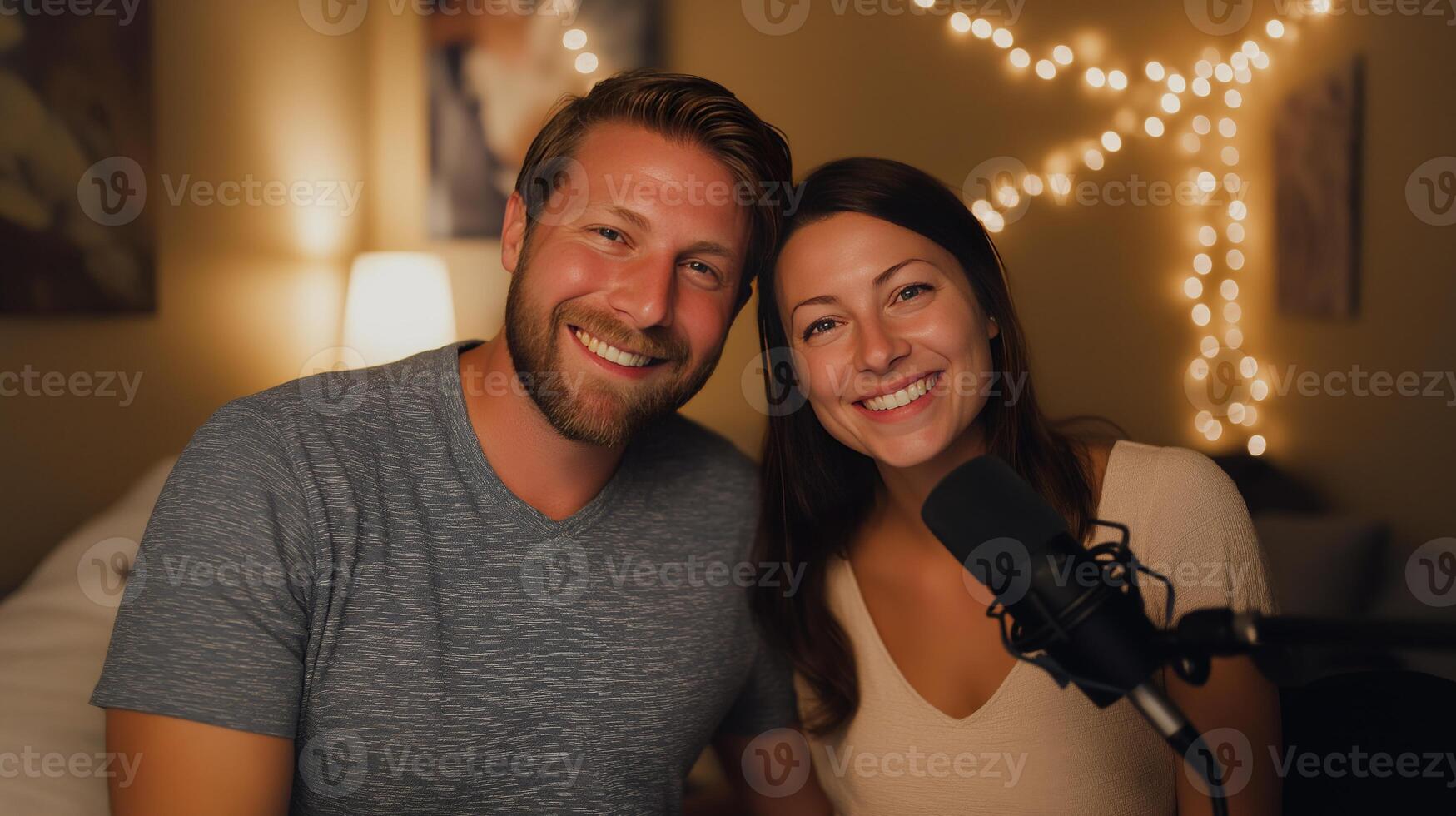 Two podcast hosts smile at the camera while sitting in a warmly lit room, discussing topics related to artificial intelligence. Their inviting atmosphere enhances the conversation. photo