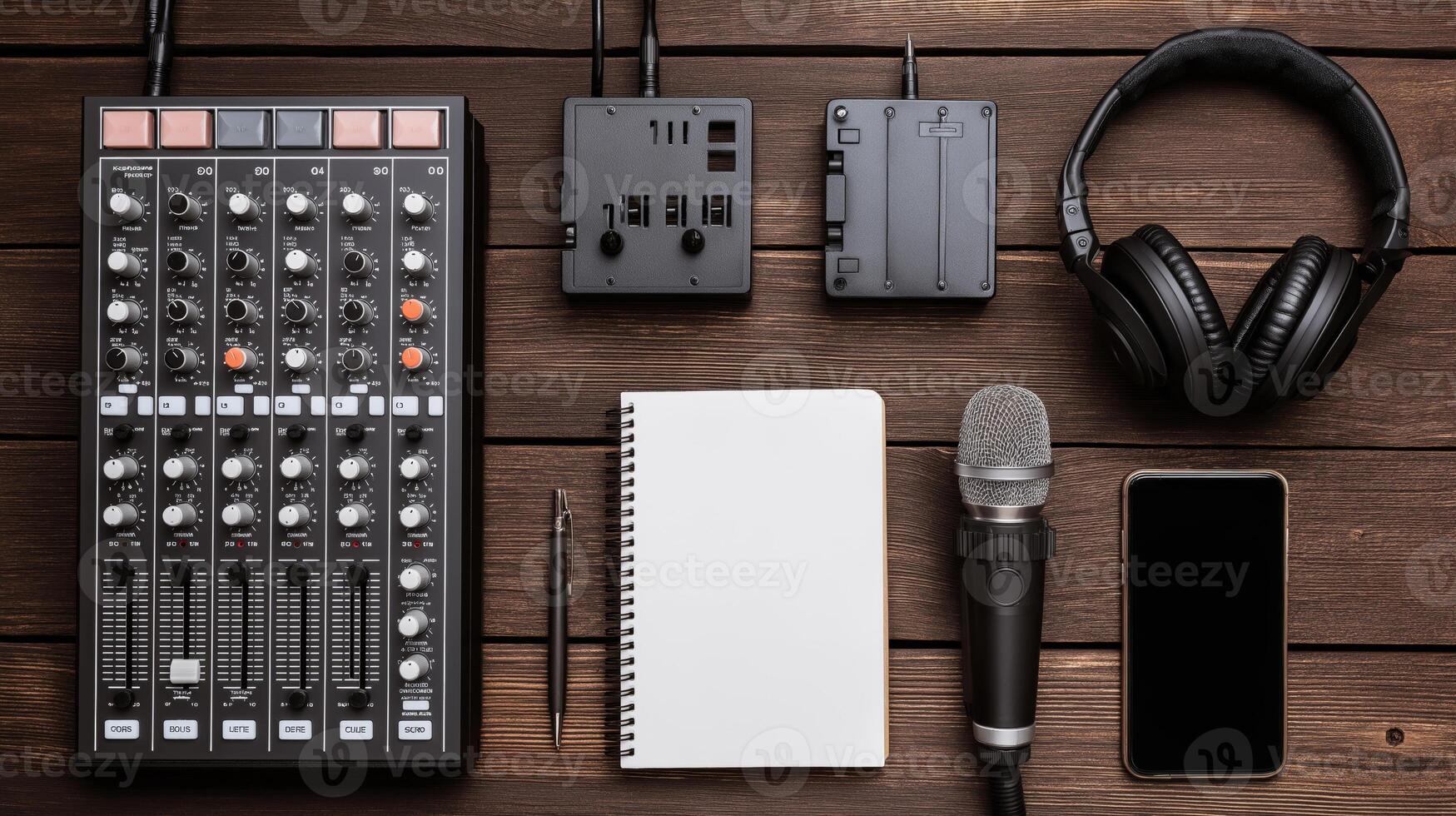 Microphone, mixer, headphones, and notebook are arranged on a wooden surface, indicating preparations for a podcast. The equipment highlights the blend of technology and creativity for audio content. photo