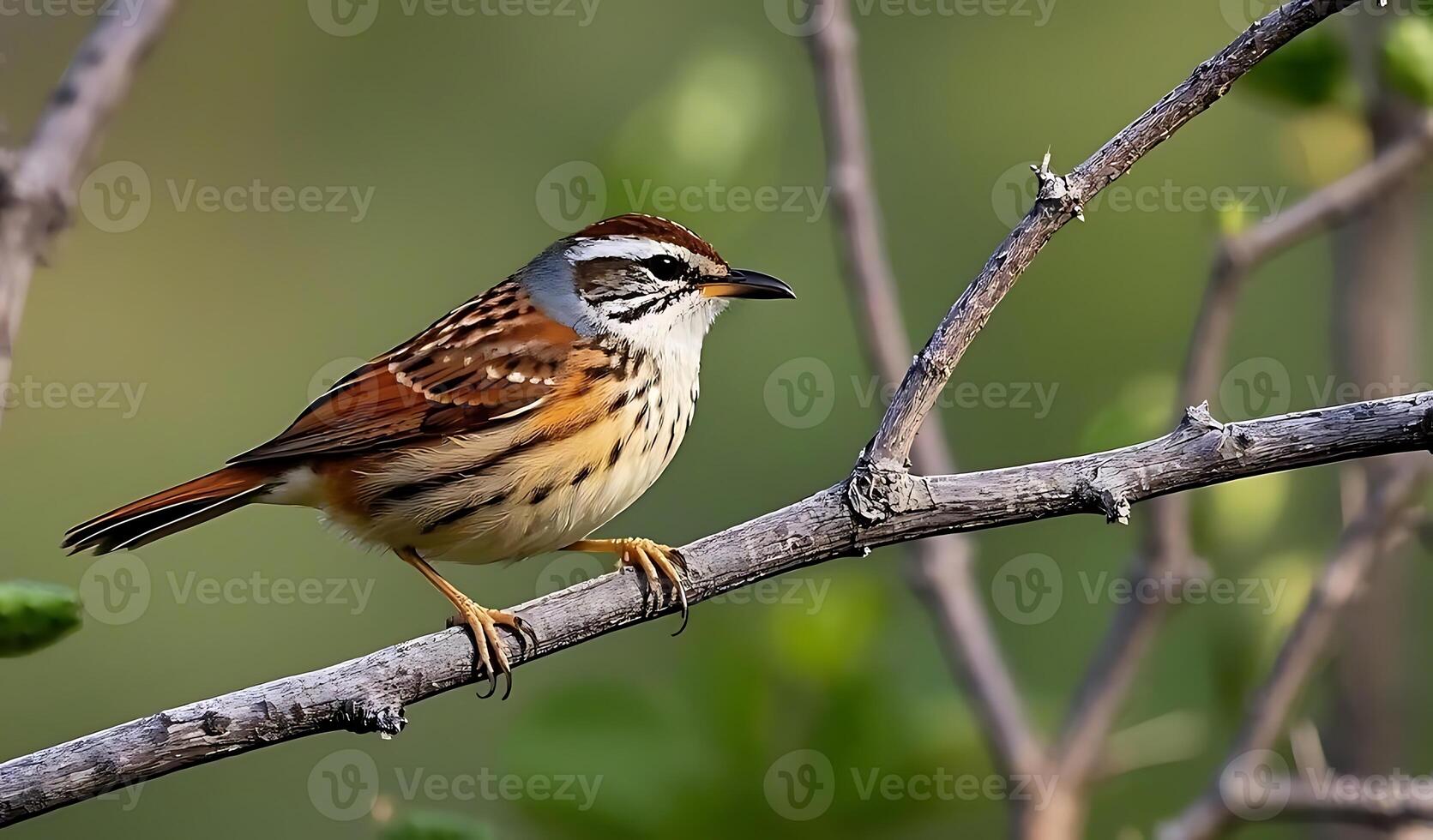 A brilliantly patterned Cactus Wren perches on a branch in the south Texas scrub country as it forag. photo