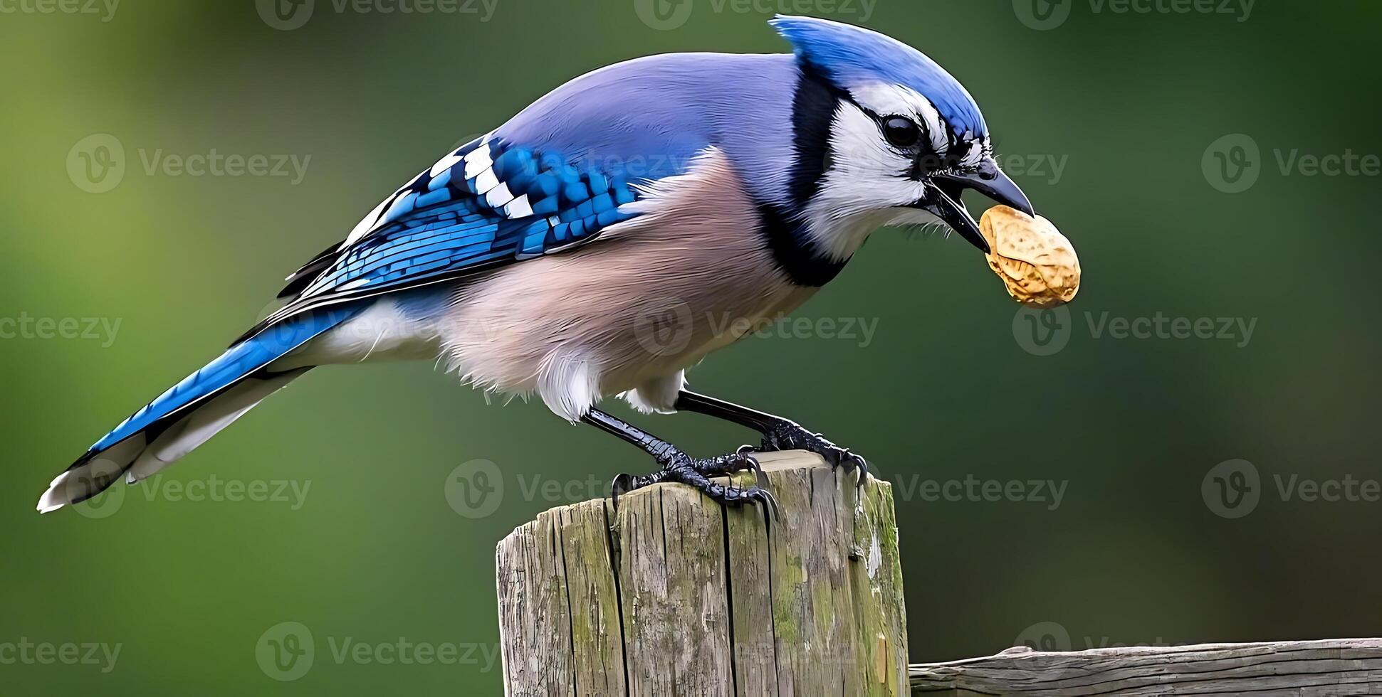 A Blue Jay snaps up a peanut from atop a fence post4 photo