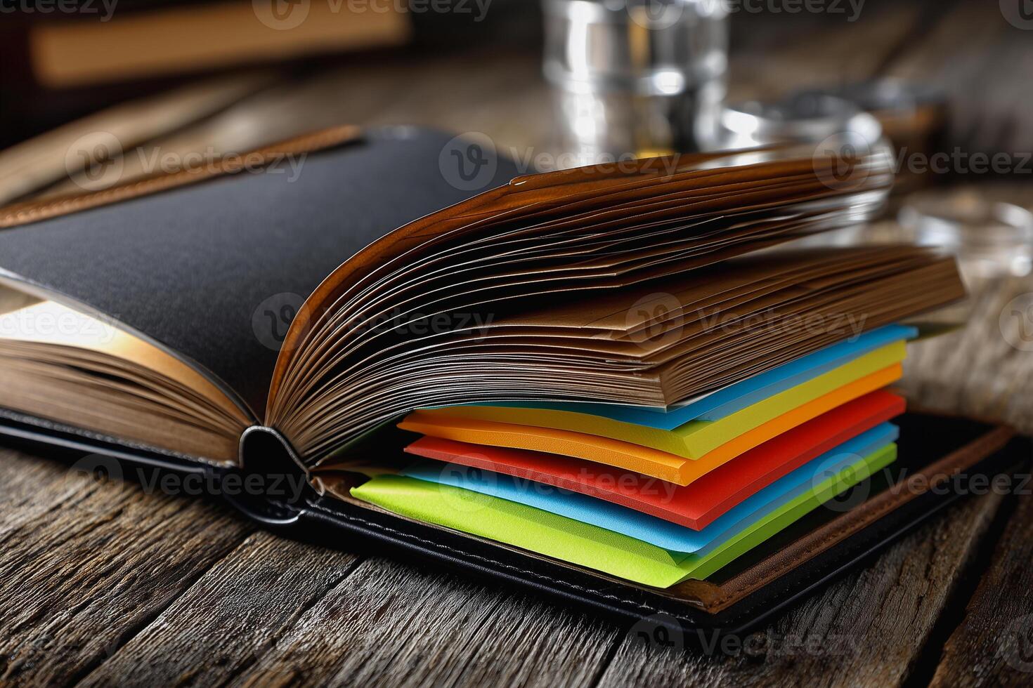 Notebook with colorful sticky tabs for organization and study photo
