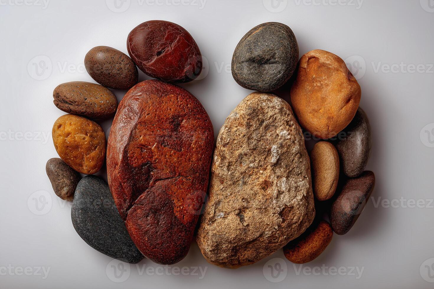 Pebble figures of father and child on plain background photo