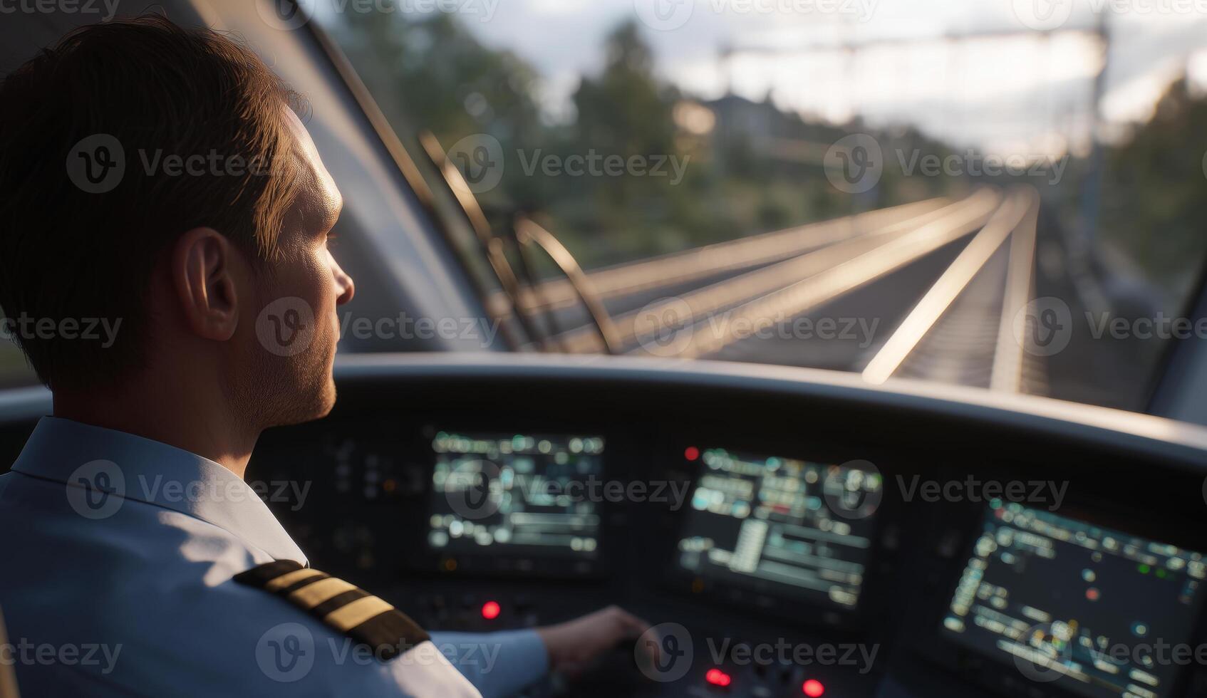 A man in a conductor uniform focuses intently on the controls of a train, managing operations as the sunlight casts a warm glow on the tracks ahead, signaling the end of the day. photo