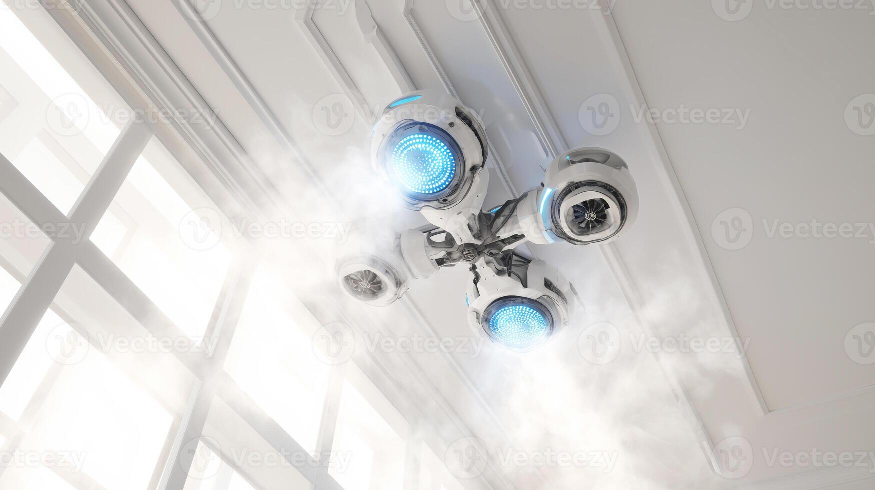 A futuristic cleaning technology device is actively working on maintaining cleanliness in a stylish apartment. photo
