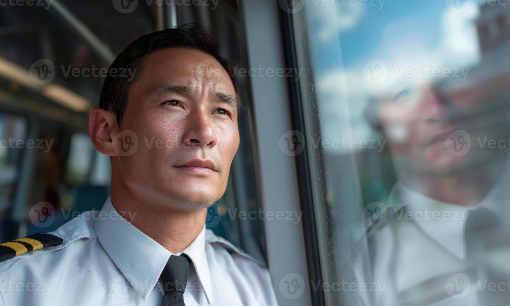 A conductor in uniform reflects on his responsibilities while observing the passing scenery through the train window. photo