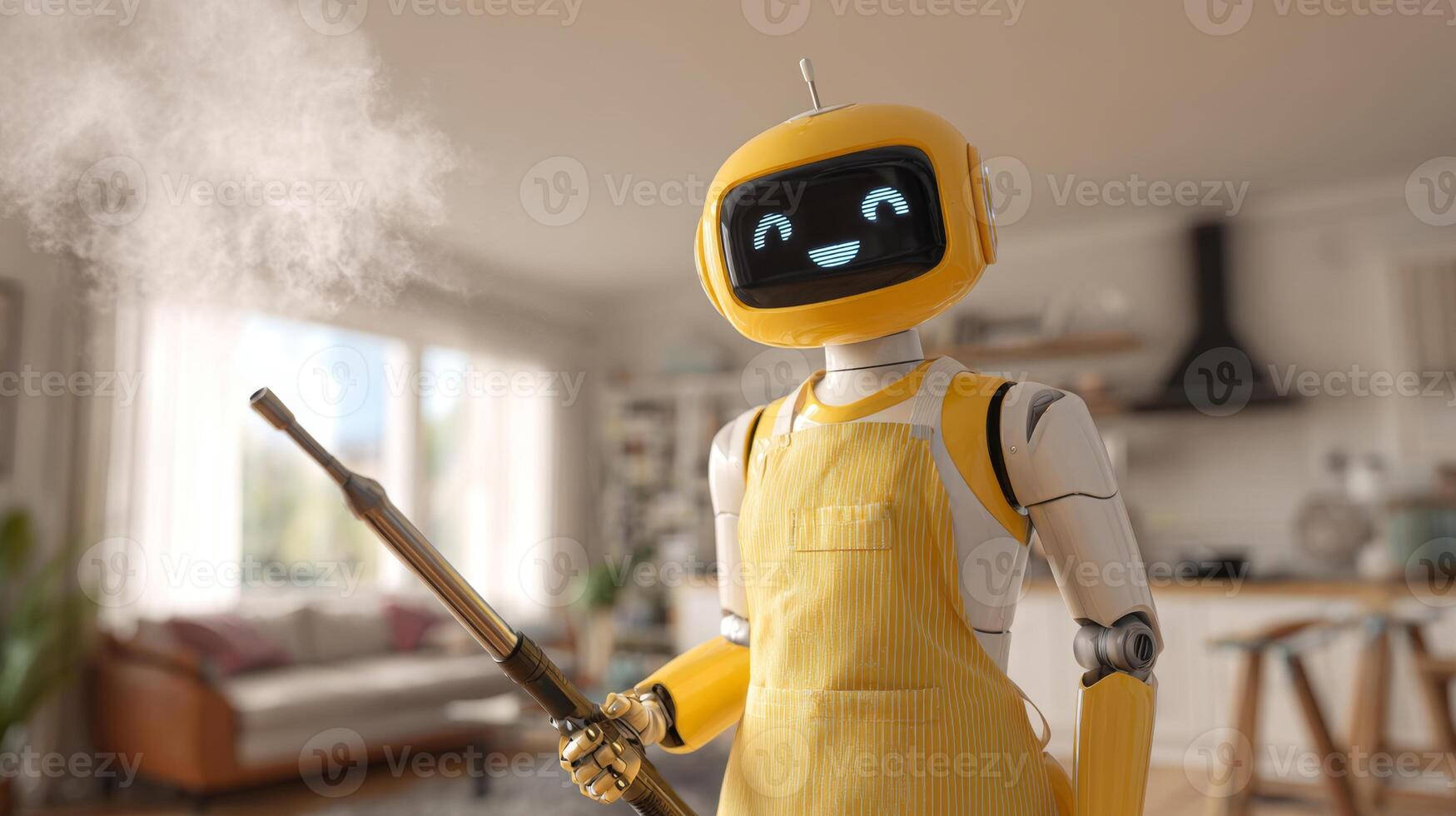 A cheerful robot with a friendly face is actively cleaning an apartment using advanced technology. photo