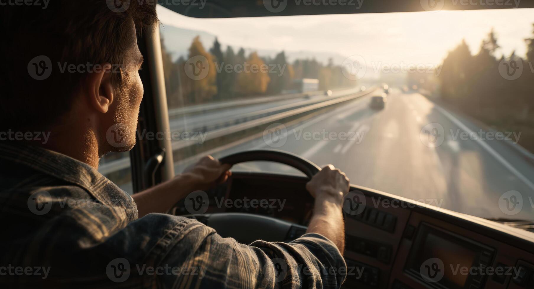 A man drives a large truck along a highway surrounded by trees and mountains as the sun sets. The warm light illuminates the road, showcasing both the vehicle and the tranquil scenery. photo