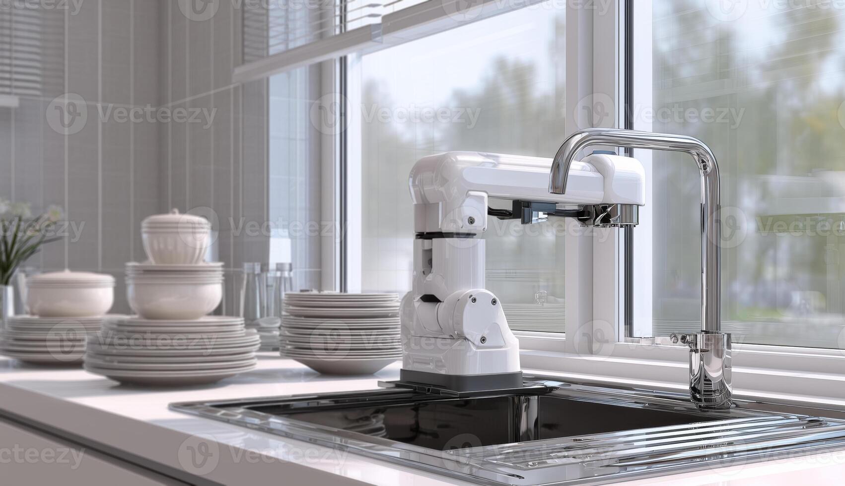 A cutting-edge cleaning device is set at the kitchen sink, surrounded by stacks of dishes and utensils. photo