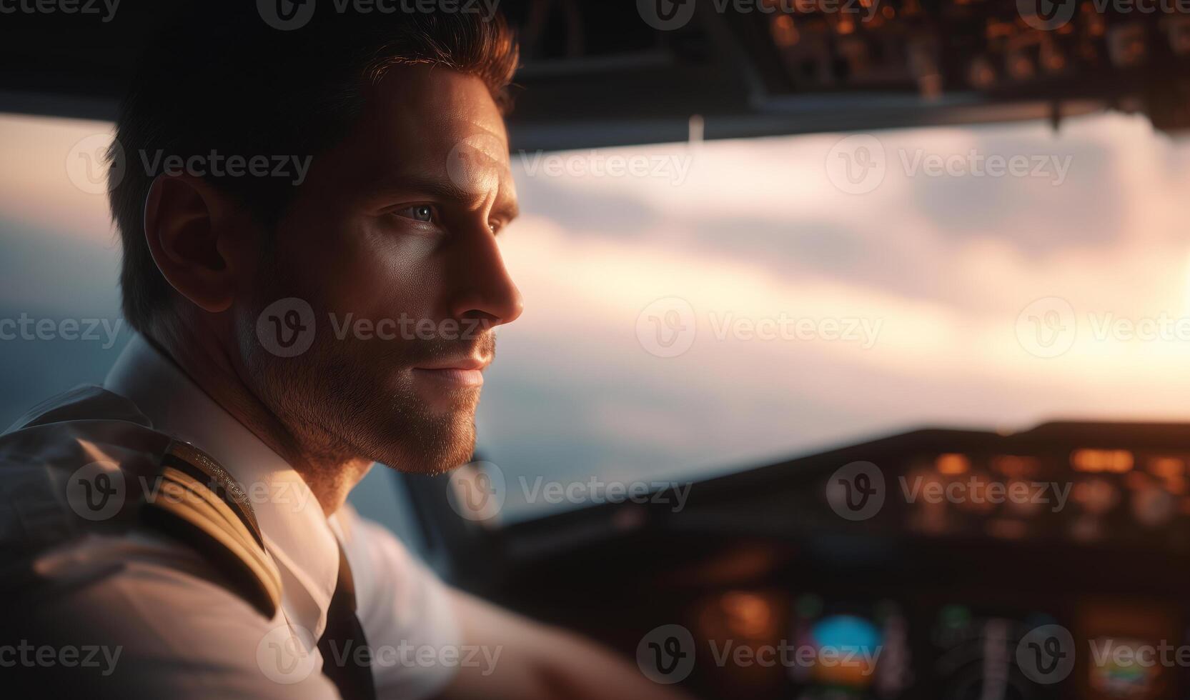 A focused pilot navigates the cockpit, gazing out at the vibrant sunset while flying high above the clouds. The warm colors of dusk illuminate the scene, enhancing the serene atmosphere of flight. photo