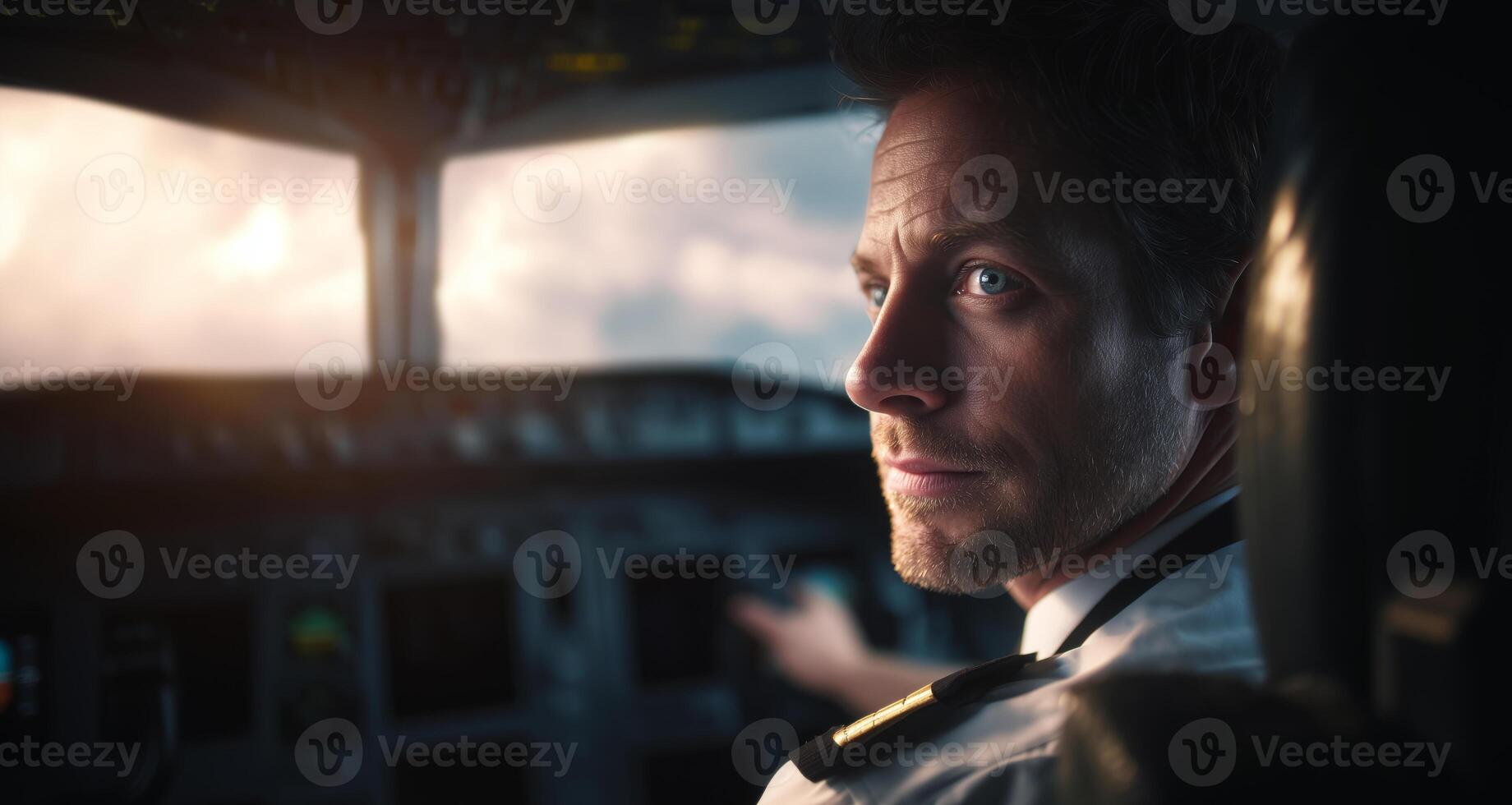 A pilot sits in the cockpit, focused on the horizon as the sun sets. The warm colors of the sky reflect a peaceful moment at high altitude, signifying the end of a long journey. photo