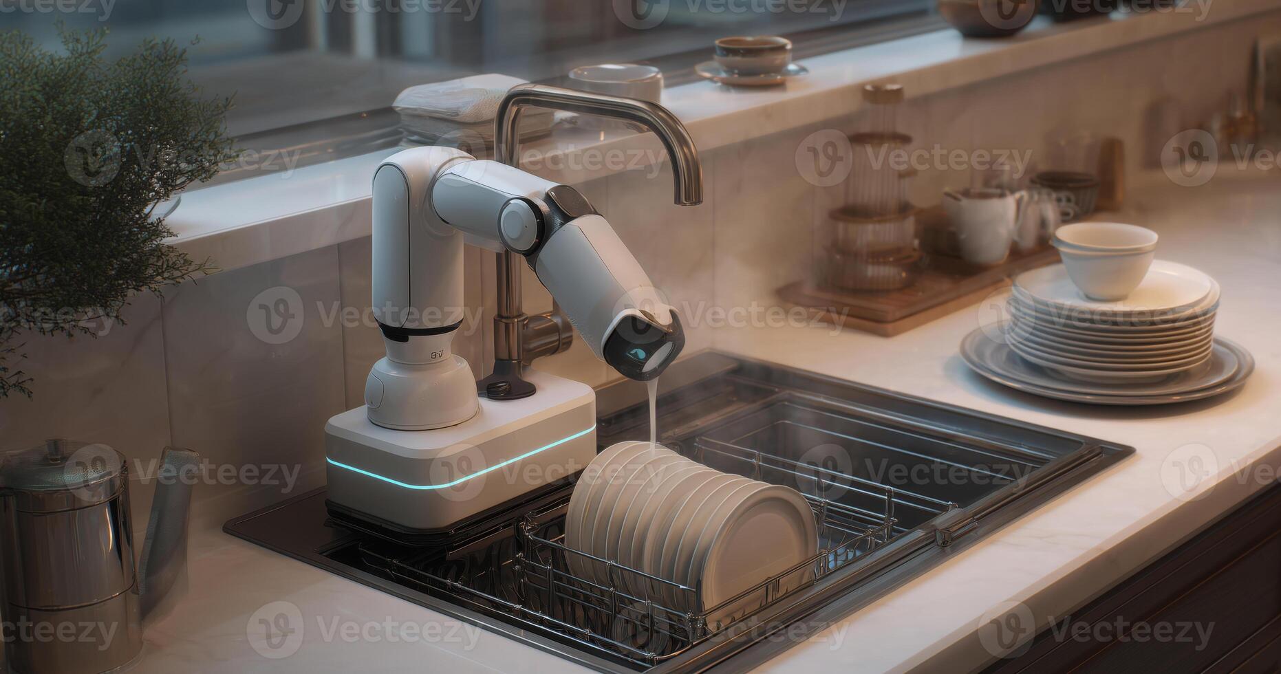 A robotic device is actively washing dishes in a sleek kitchen with a contemporary design. photo