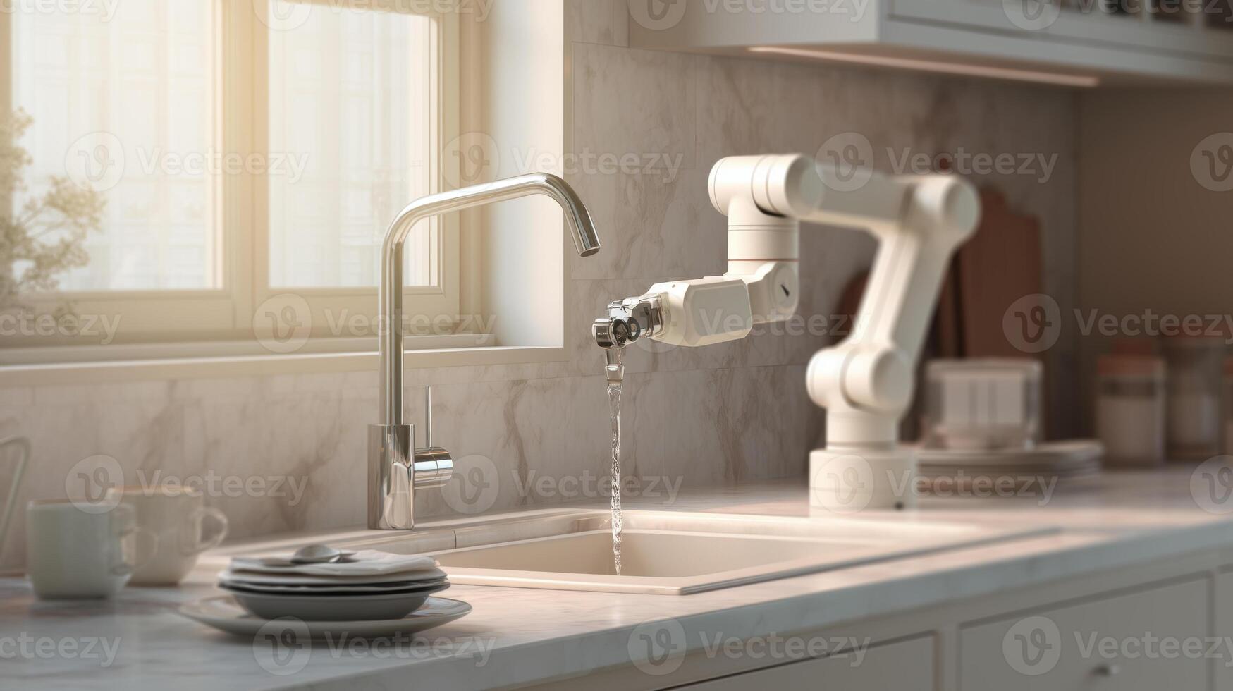 A robotic arm is actively cleaning dishes at a kitchen sink in a contemporary apartment. photo