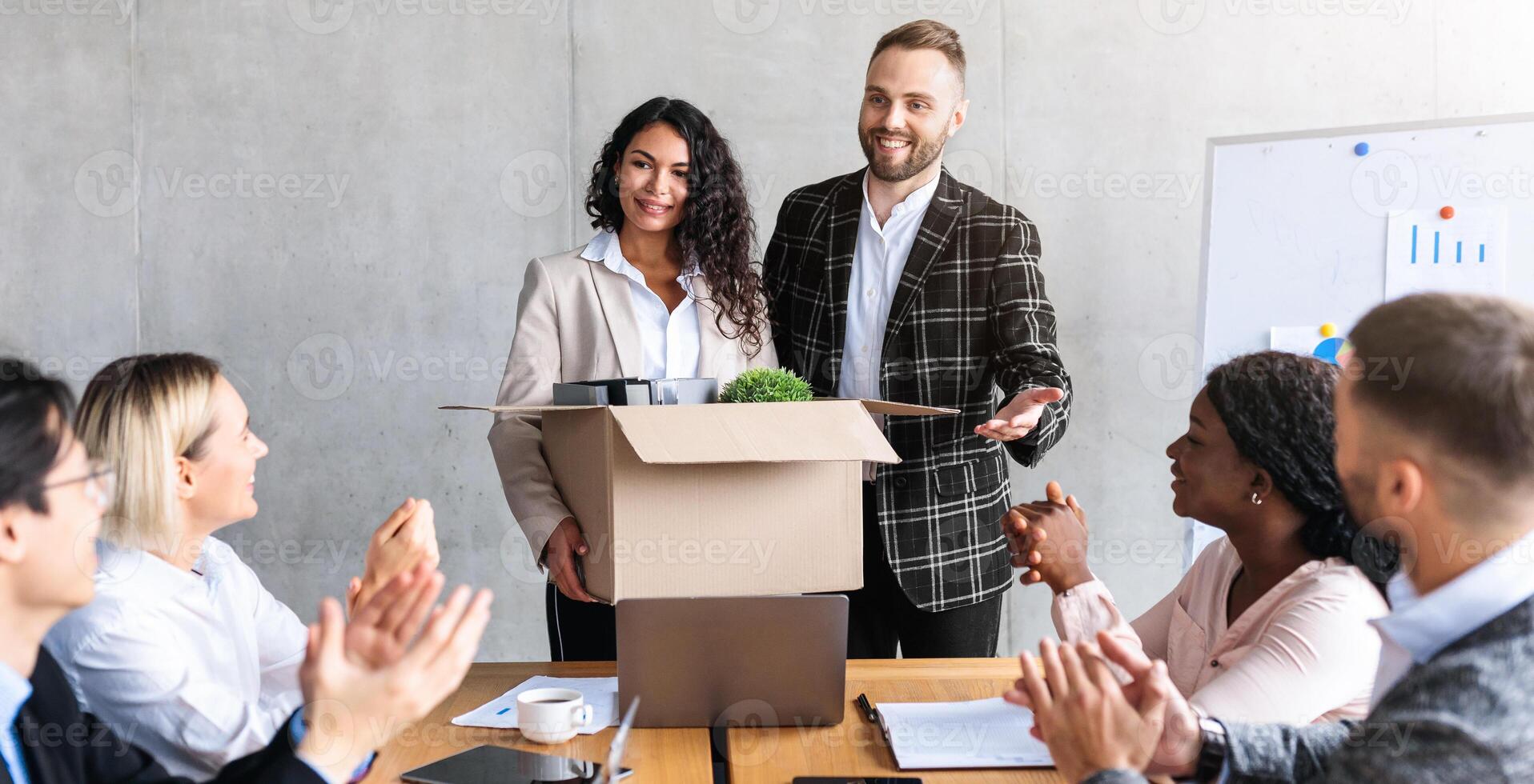 New Job Concept. Manager Introducing New Female Worker To Group Of Diverse Colleagues During Corporate Meeting In Modern Office. Business Career And Employment photo