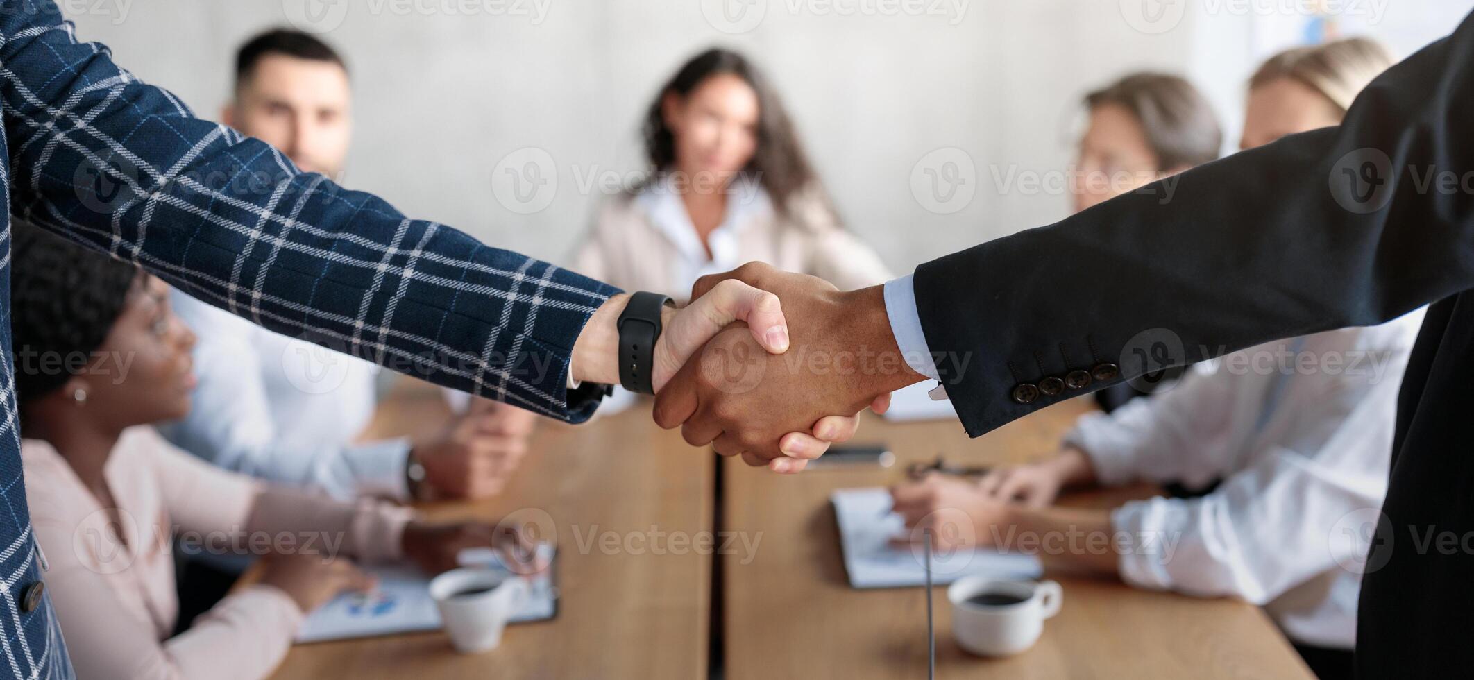 Business Partnership. Closeup Of Handshake At Meeting. Two Businessmen Shaking Hands In Deal Agreement Standing In Modern Office. Entrepreneurs Handshaking. Cropped, Panorama photo