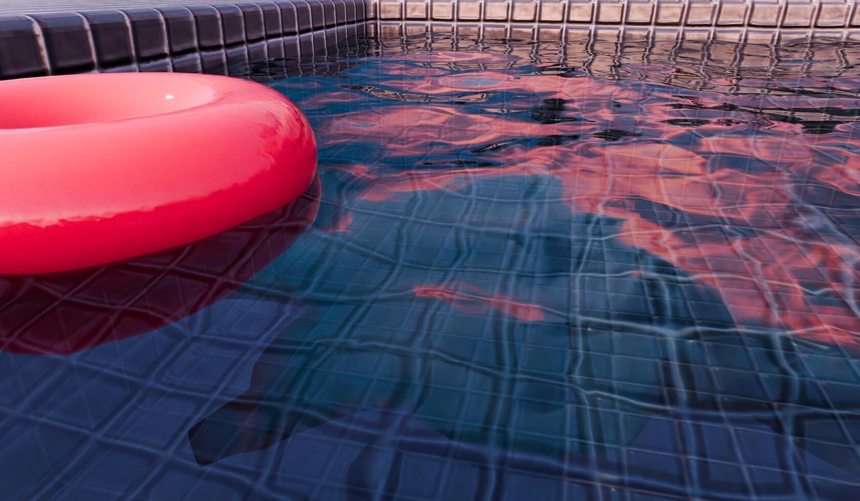 Swimming pool, blue grid tiles floor with floats, 3D photo