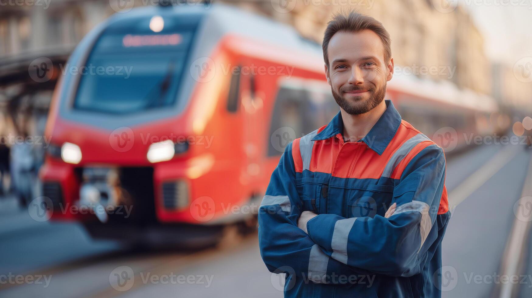 A man in a blue and orange conductor uniform stands confidently with crossed arms at a bustling train station. A bright red train is visible behind him, suggesting he is in charge of operations. photo