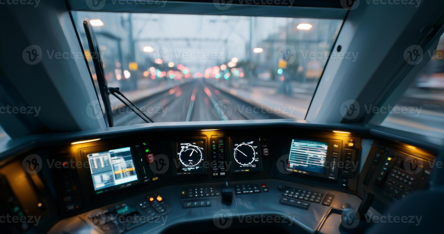 At dawn, a man in a train conductor's uniform oversees the controls in a train cabin. Various screens display important information while the train prepares to depart through a busy station. photo
