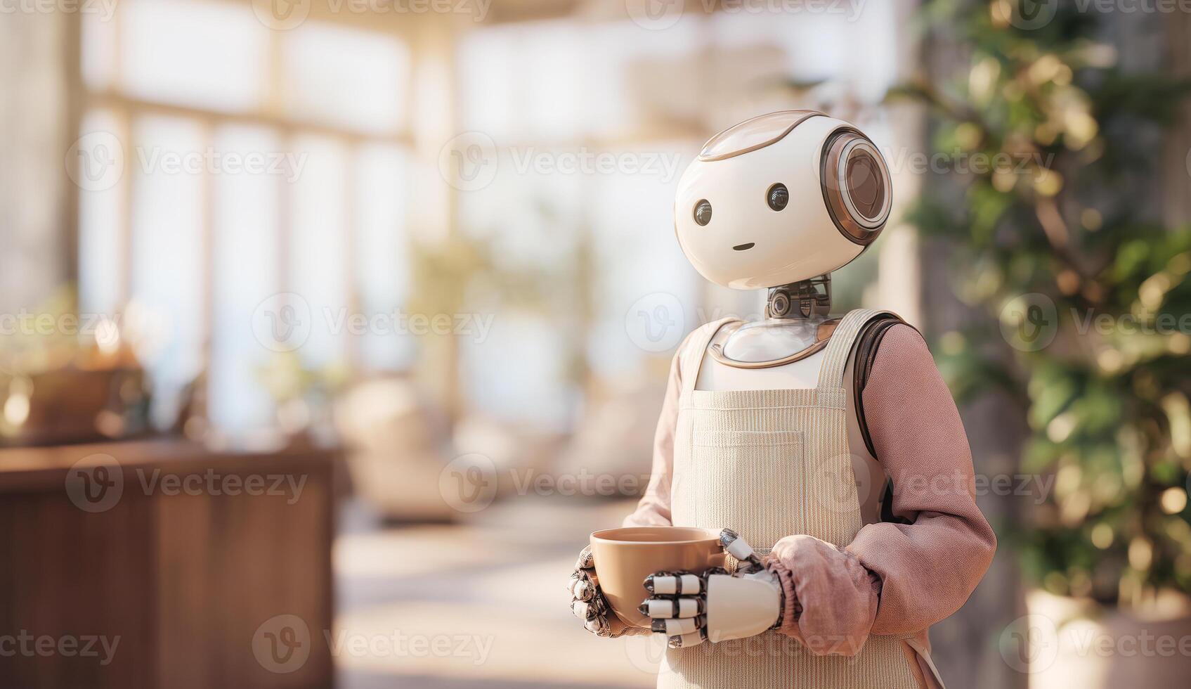A robot assistant stands inside a modern apartment, holding a container. Sunlight streams through large windows, illuminating the stylish decor. photo
