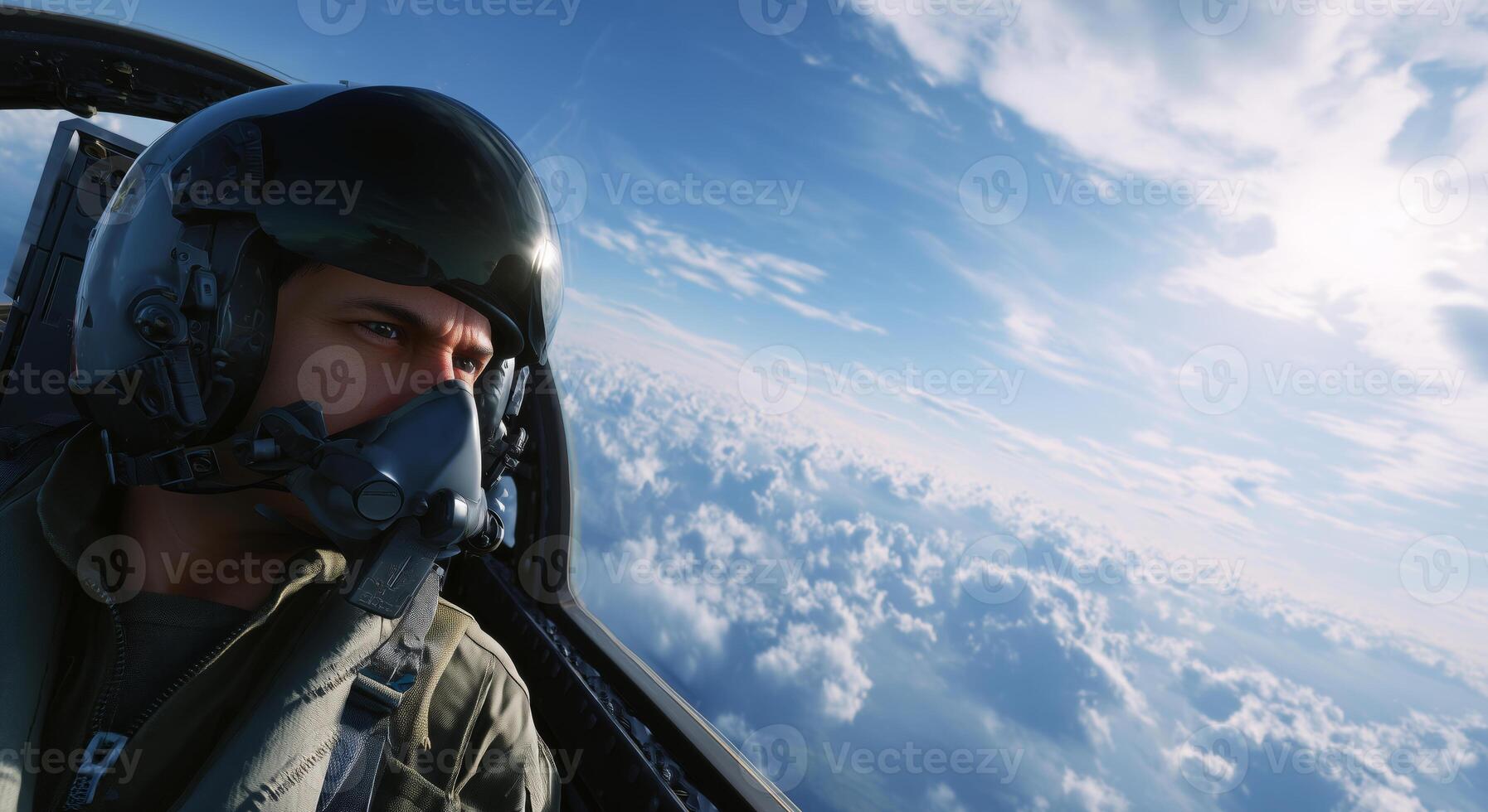 A dedicated pilot maneuvers a fighter plane through the sky, surrounded by fluffy clouds. Focused on the mission, he expertly controls the aircraft during a military training exercise. photo
