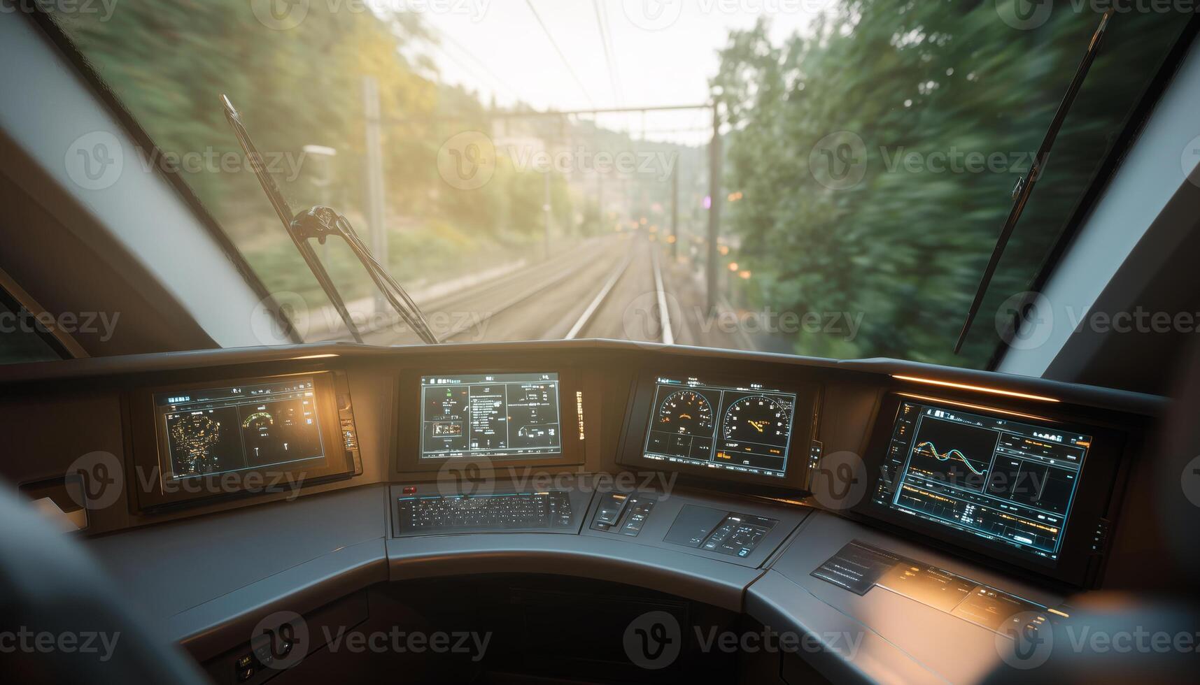A man is focused on managing a train from the conductor's cabin, surrounded by control panels displaying various metrics as the train moves along picturesque tracks surrounded by greenery. photo