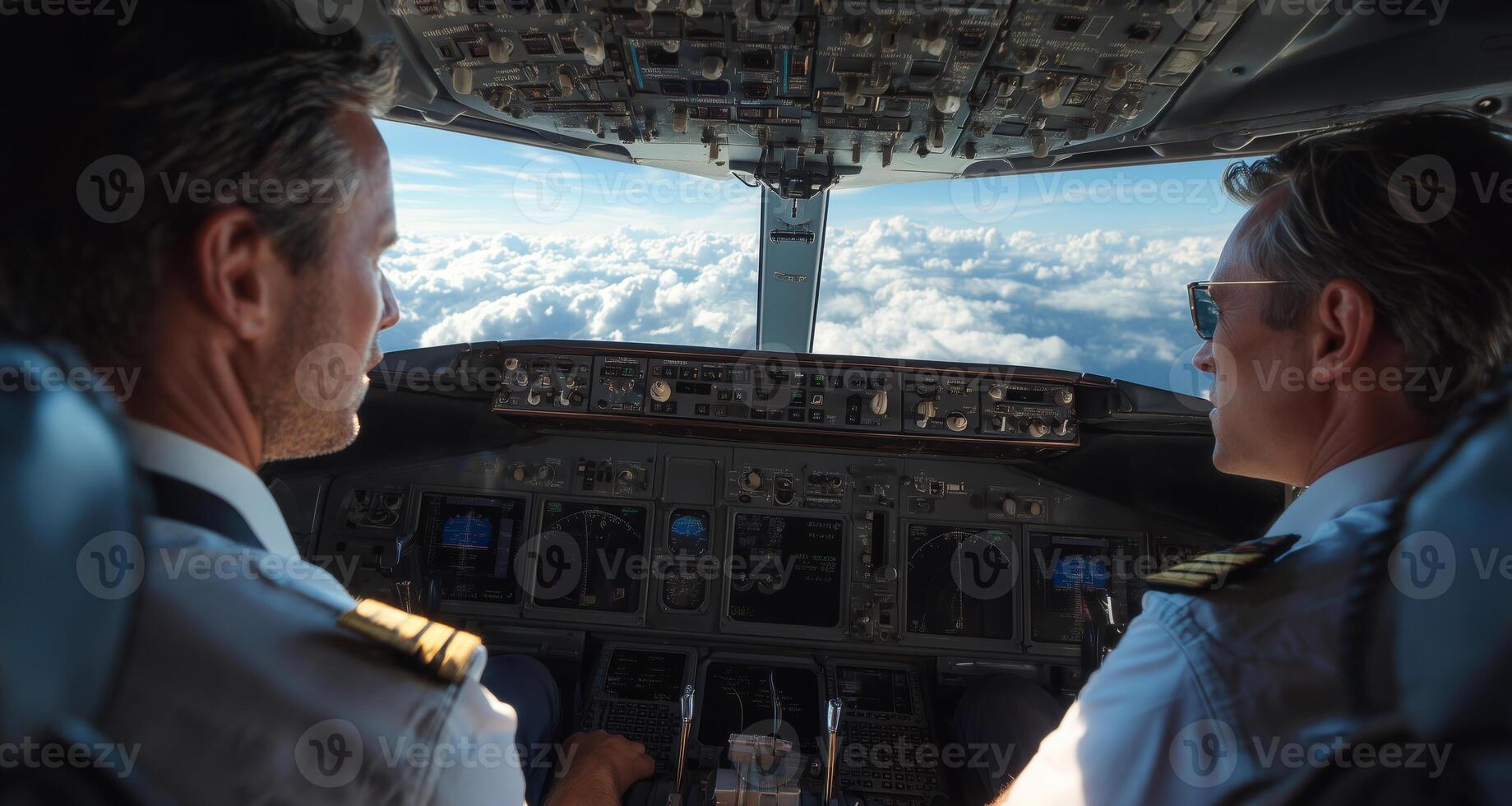 Two skilled pilots are focused on navigating their aircraft through a beautiful sky filled with clouds. The warm glow of sunset provides a serene backdrop as they work together in the cockpit. photo