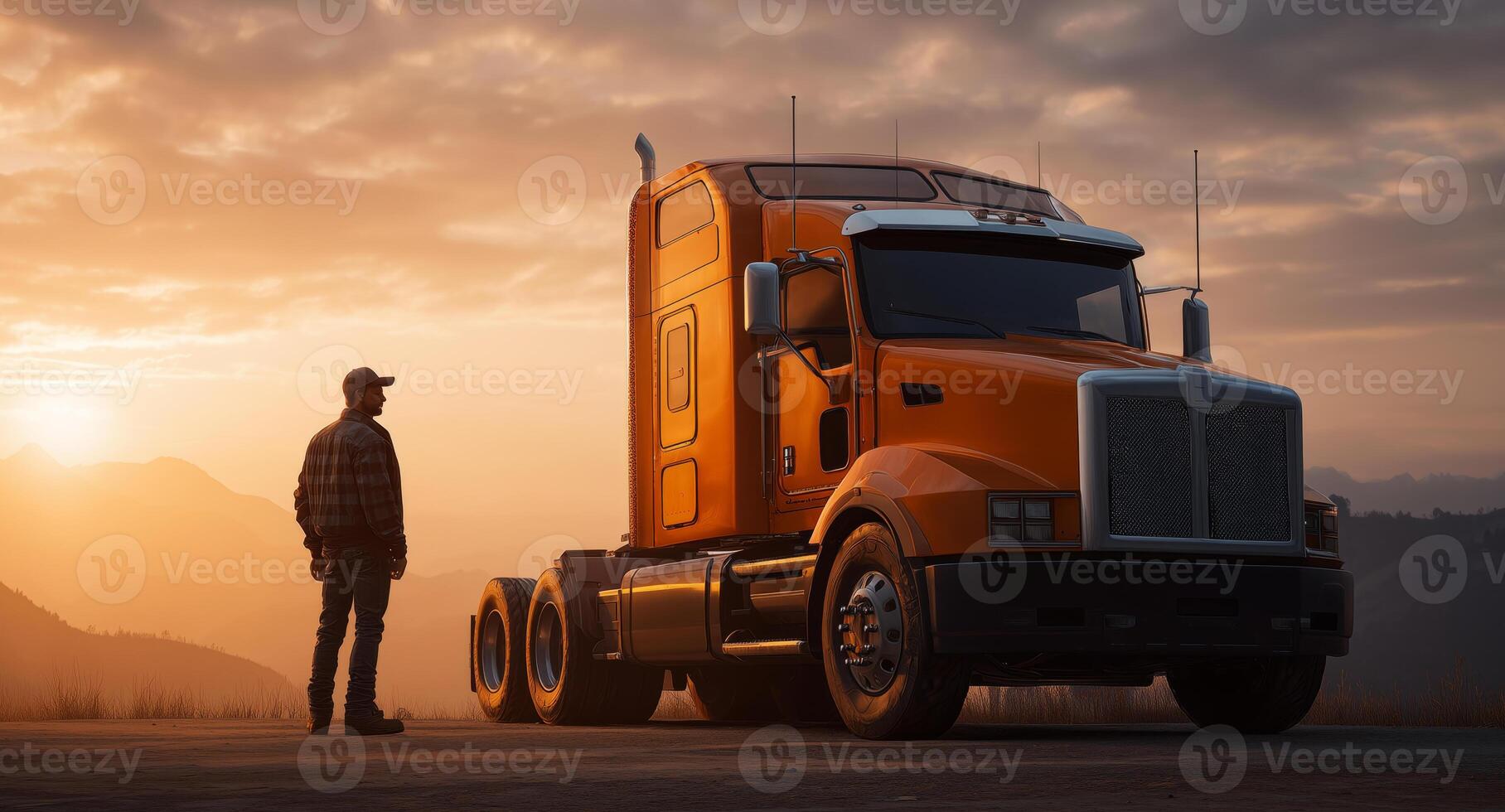 A man wearing a plaid shirt and cap stands next to his large orange truck at sunset. photo