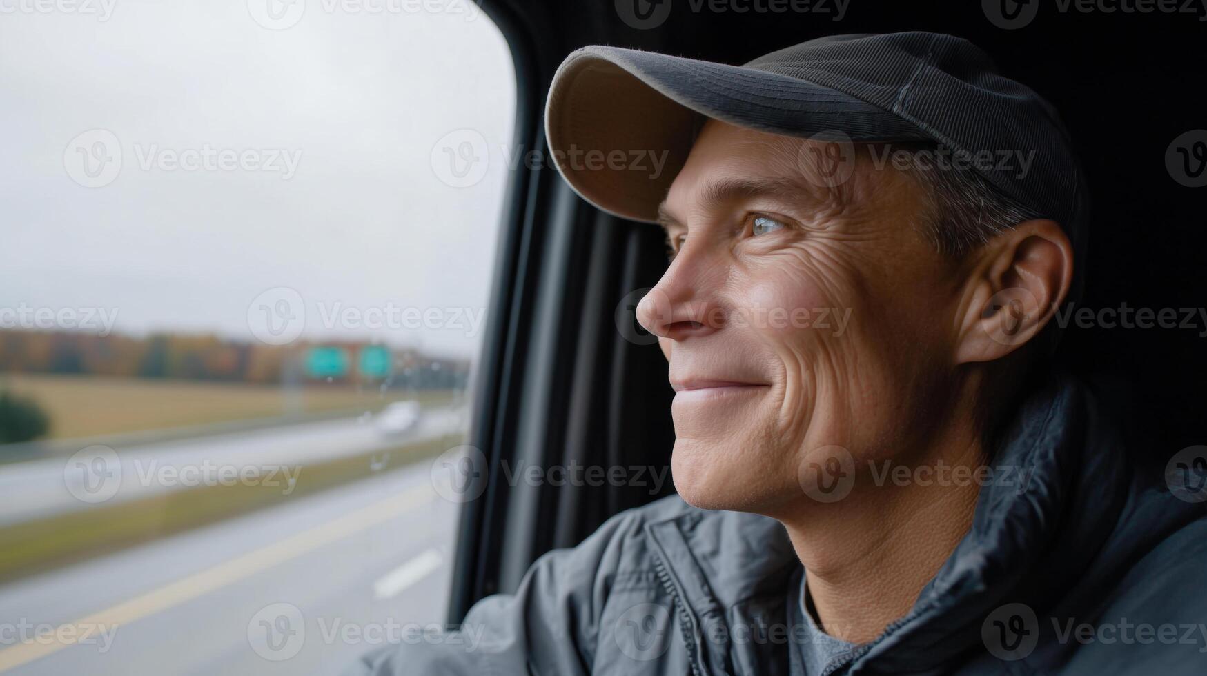 A truck driver is concentrating on the road ahead while seated in his vehicle. The cloudy weather creates a reflective mood, highlighting his dedication to the profession and the journey. photo