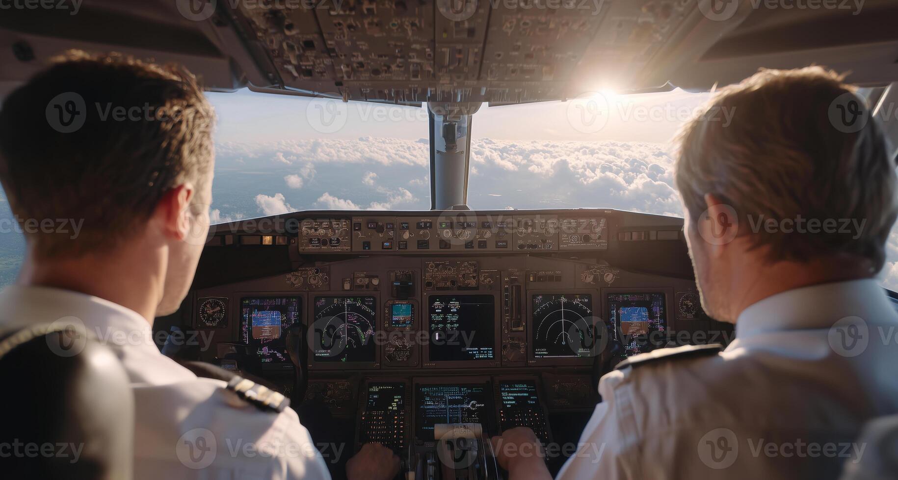 Two professional pilots operate an aircraft while navigating through vibrant sunset clouds. photo