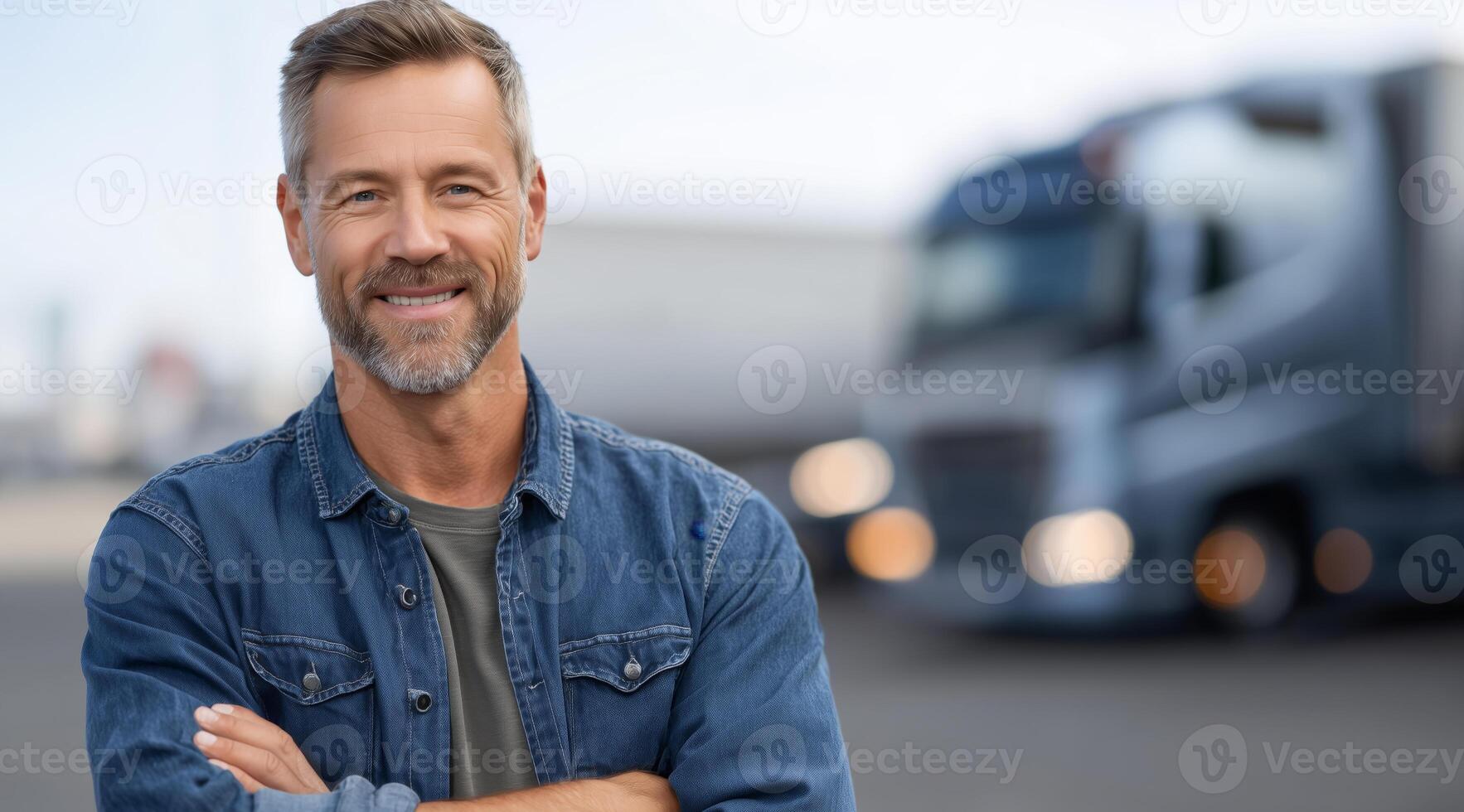 A man in a denim jacket stands confidently with crossed arms next to a large truck at a busy transport location. He showcases pride in his driving profession, smiling in the bright daylight. photo