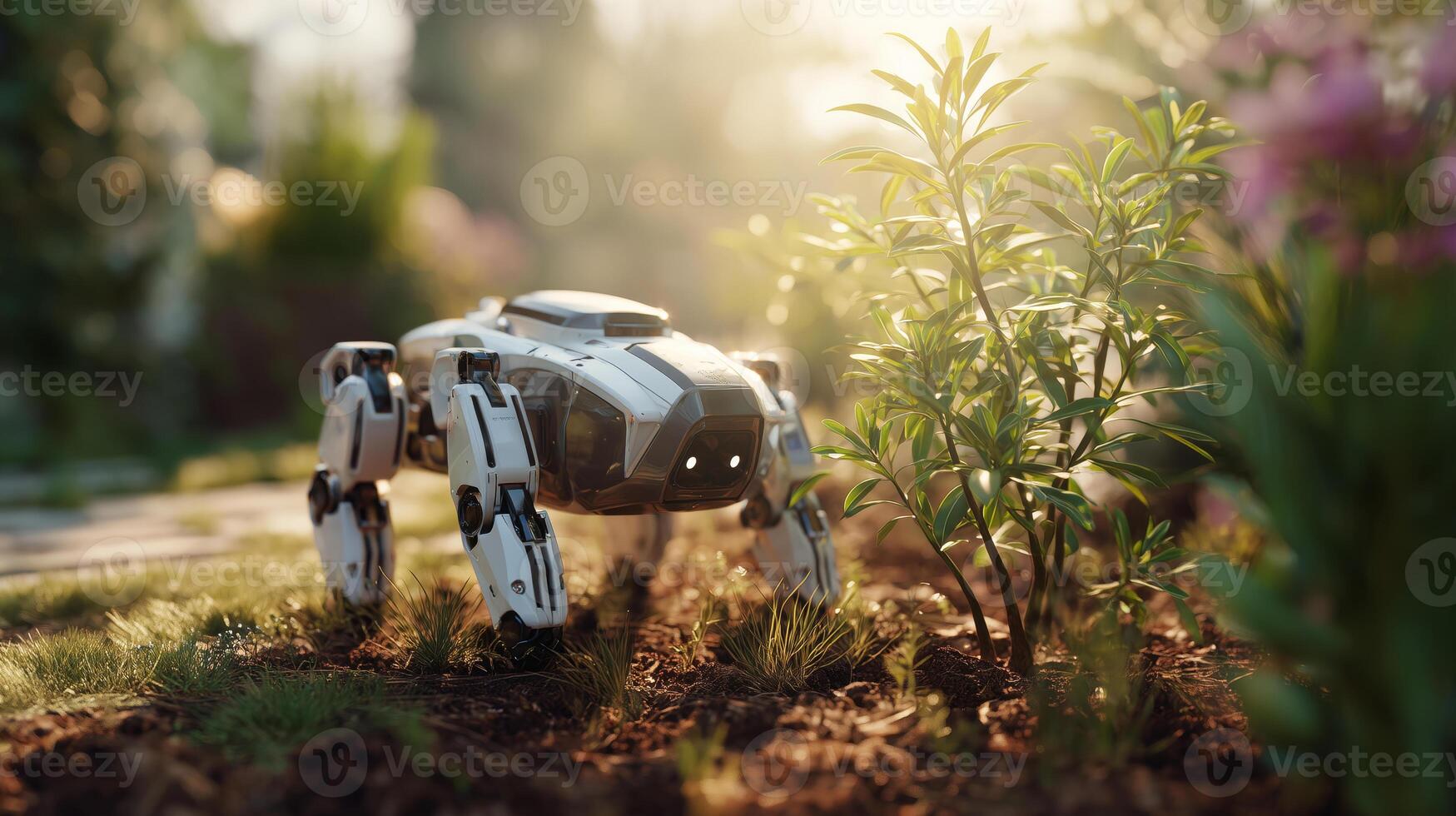 A robotic helper navigates through a lush garden, skillfully arranging plants and enhancing the natural landscape. Sunlight filters through leaves, adding warmth to the atmosphere. photo