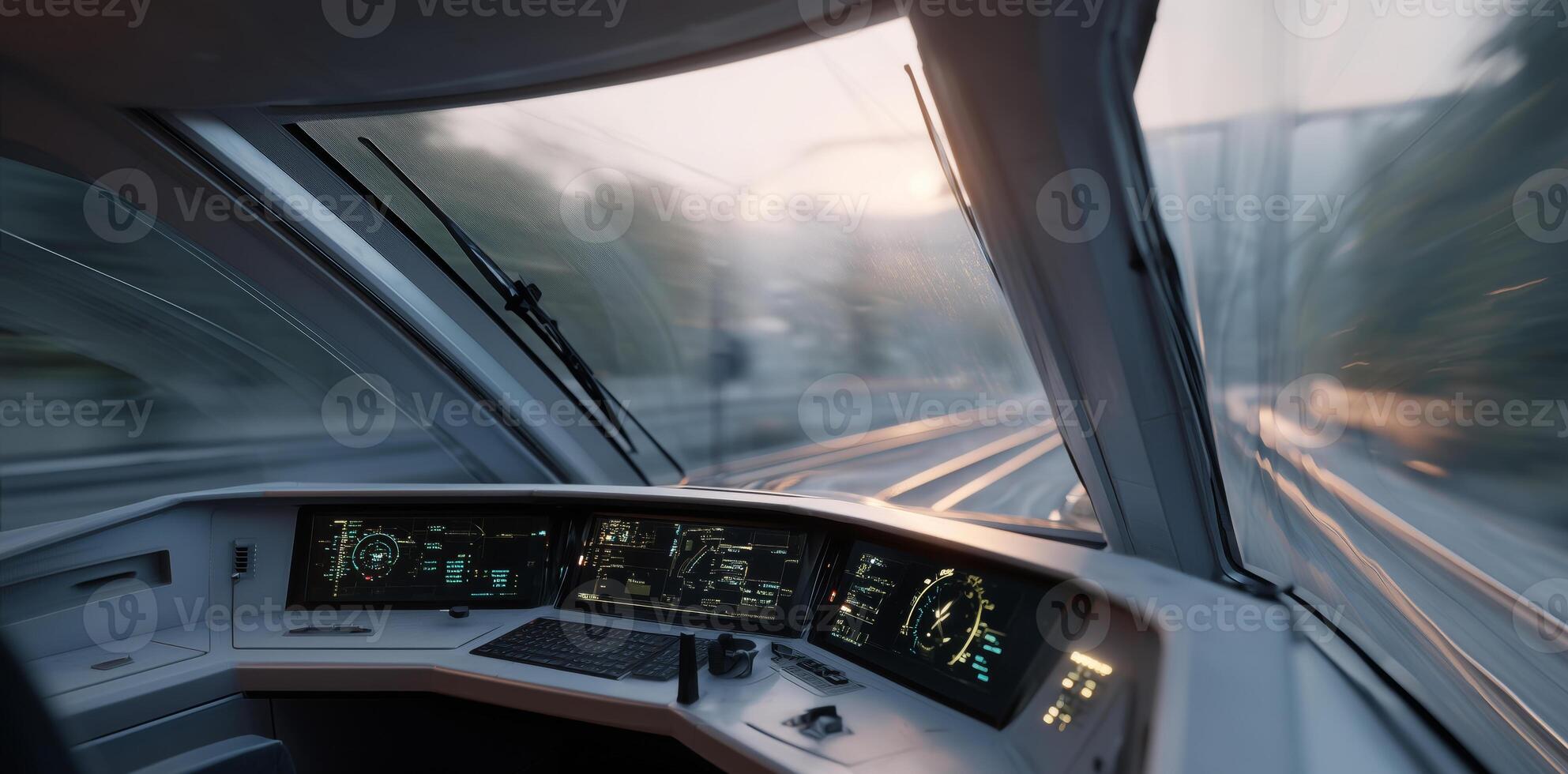 A conductor is focused on managing the train's systems in its cockpit, displaying various controls and indicators. Morning light filters through the windows, emphasizing the speed of travel. photo