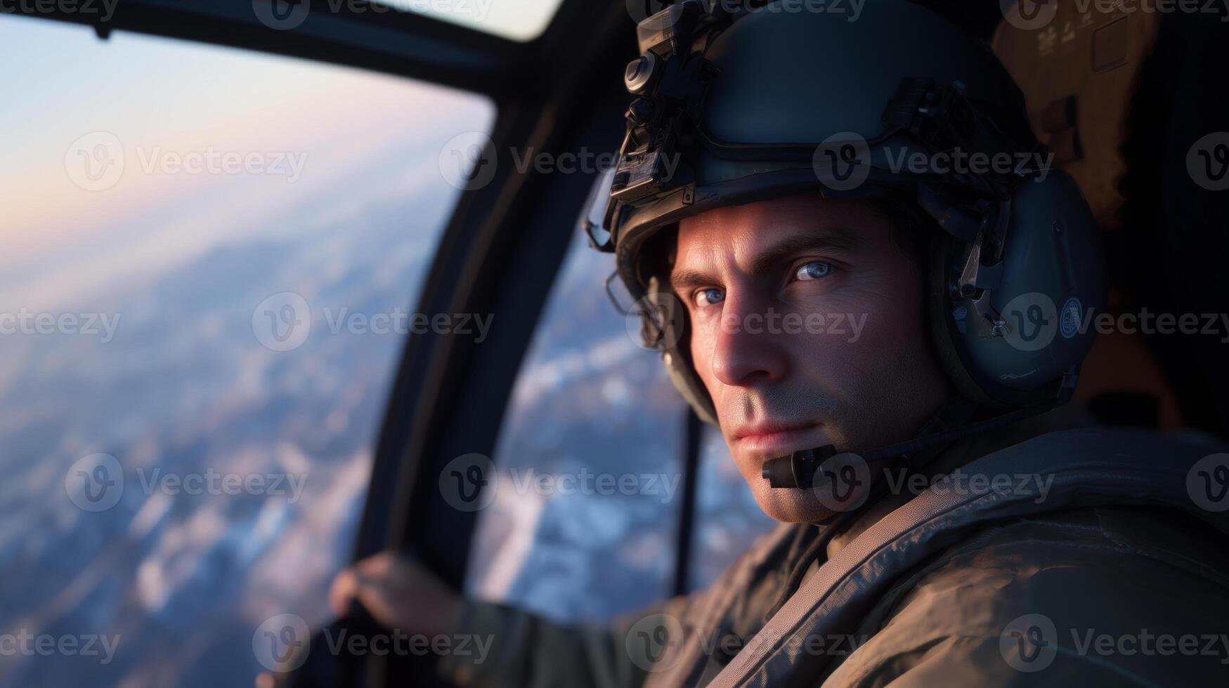A military pilot is seen inside the cockpit of a fighter plane, intently gazing out at the sky. The scene captures the pilot's concentration against a backdrop of twilight and distant mountains. photo