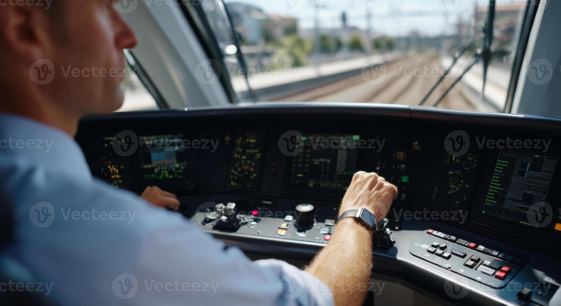 A man in professional attire is managing the operation of a train from the control cabin. He focuses on the dashboard instruments while navigating the railway tracks in a modern setting. photo