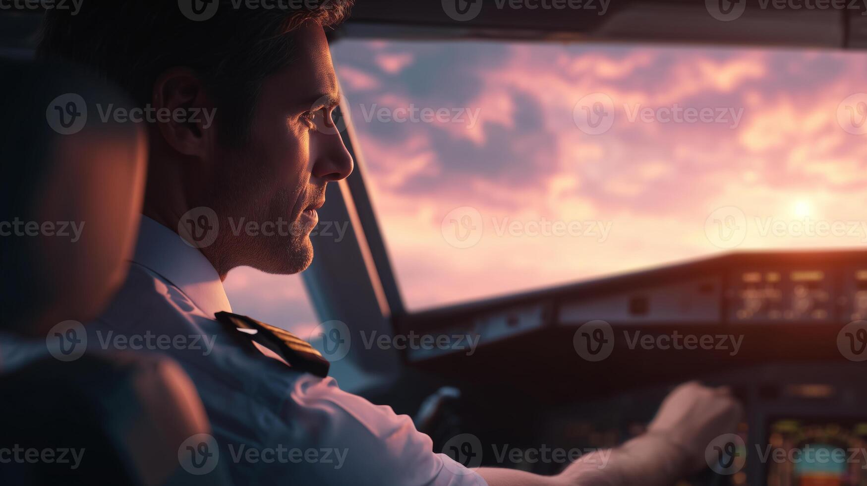 A dedicated pilot is focused on flying the aircraft as the sun sets on the horizon, painting the sky with beautiful colors. The cockpit offers a clear view of the vibrant evening sky. photo