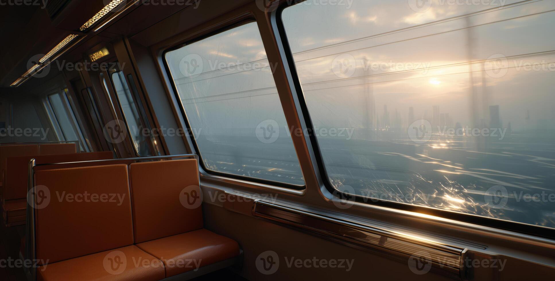 A man in management role oversees train operations while the sun sets behind the city skyline. Passengers enjoy a smooth ride, casting reflections on the glass windows. A bustling evening unfolds. photo