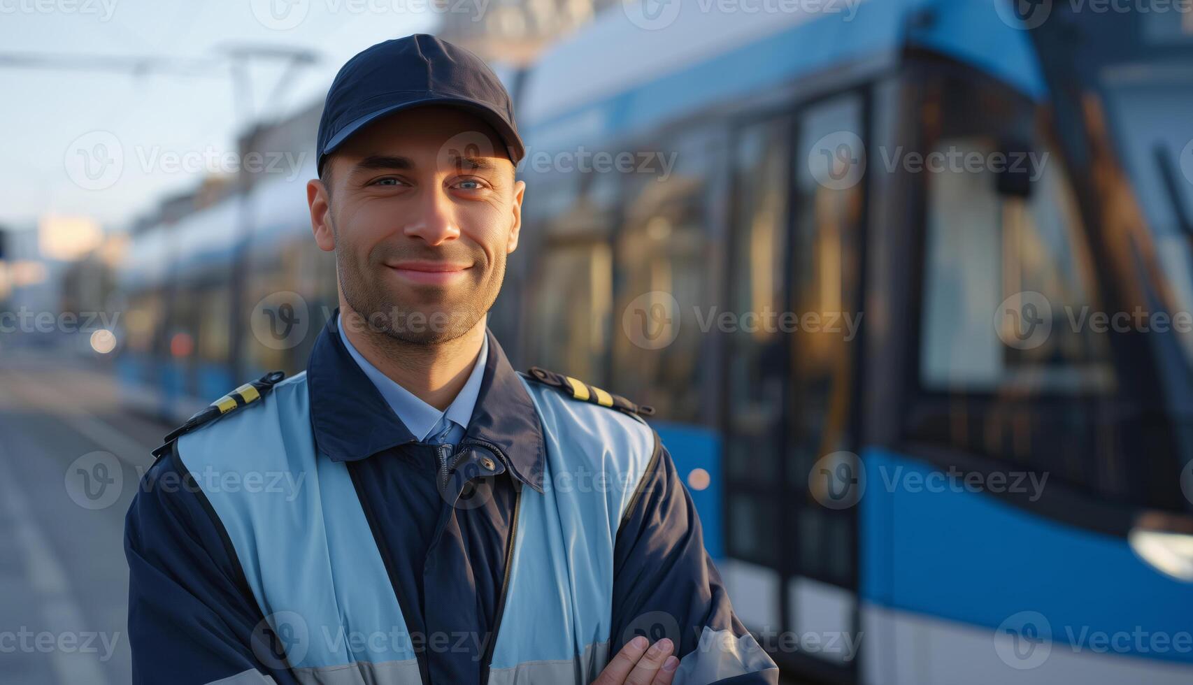 A man in uniform stands confidently near a train at a busy transit station during daylight. photo