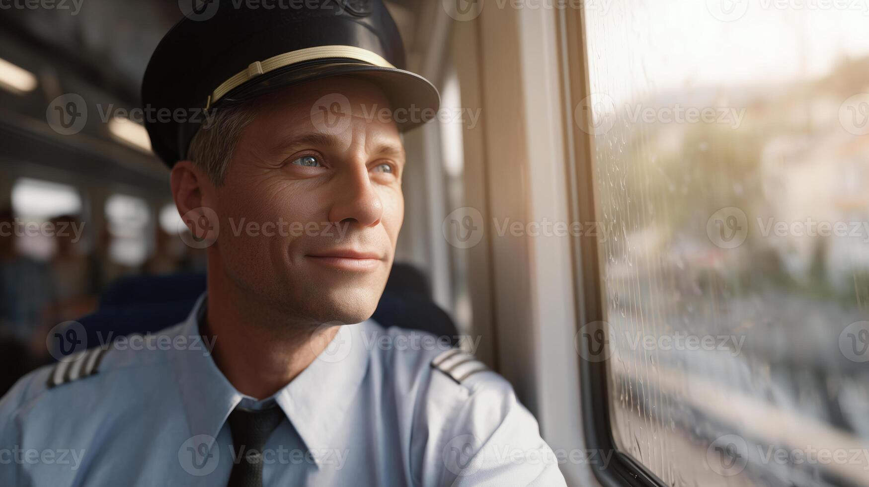 A train conductor sits inside a train, looking out the window. The setting is calm, with rain on the glass and a soft light illuminating the interior. photo