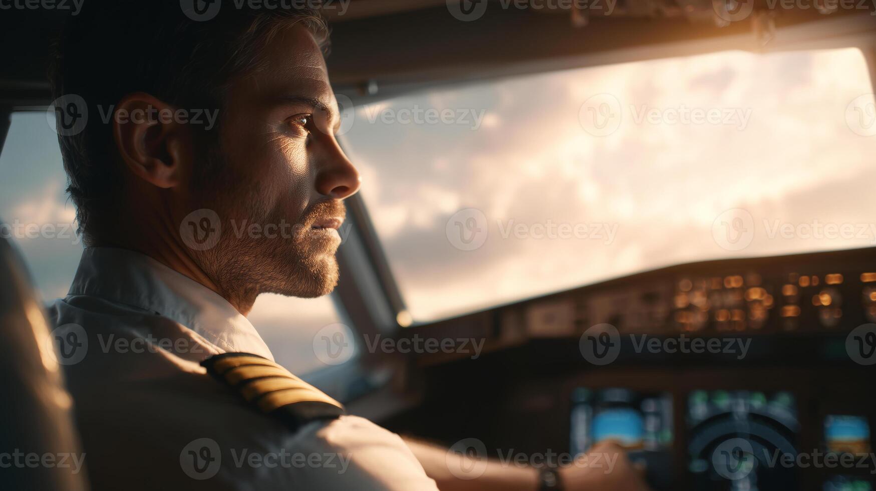 A dedicated pilot skillfully operates the aircraft amid a breathtaking sunset. The warm colors illuminate the cockpit, creating a tranquil atmosphere as clouds drift by in the evening sky. photo