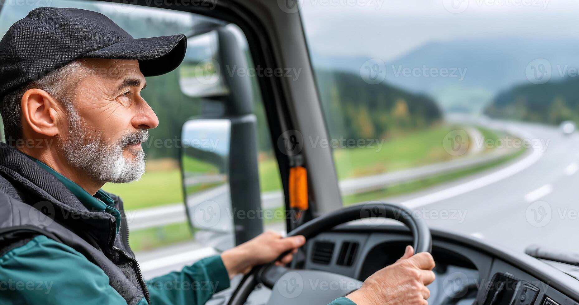 A man with a grey beard drives a truck on a rural highway surrounded by lush greenery and distant mountains. photo