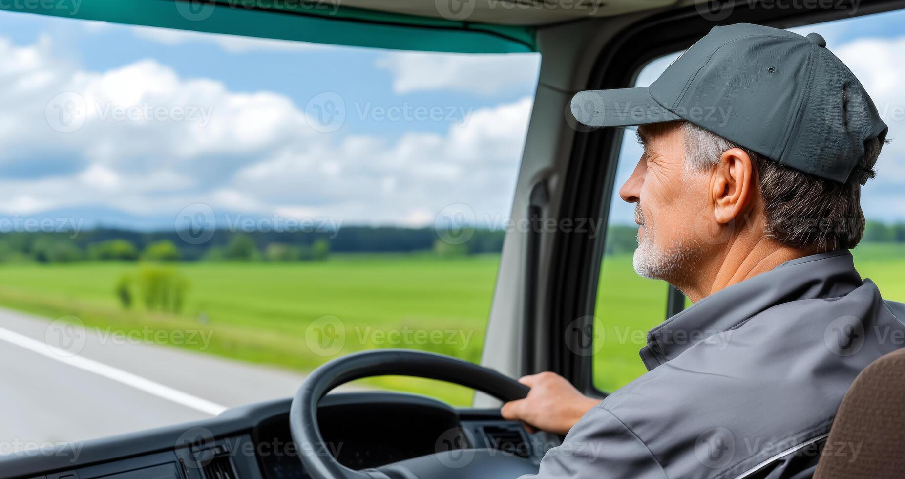 A man drives a truck through an expansive green landscape under a clear blue sky. The driver appears focused and calm while maneuvering along the highway surrounded by nature. photo