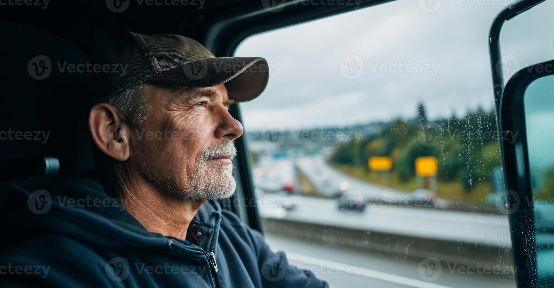 A man in a truck thoughtfully looks out the window while driving along a busy highway on a rainy day. The road is filled with vehicles, surrounded by trees and urban structures. photo