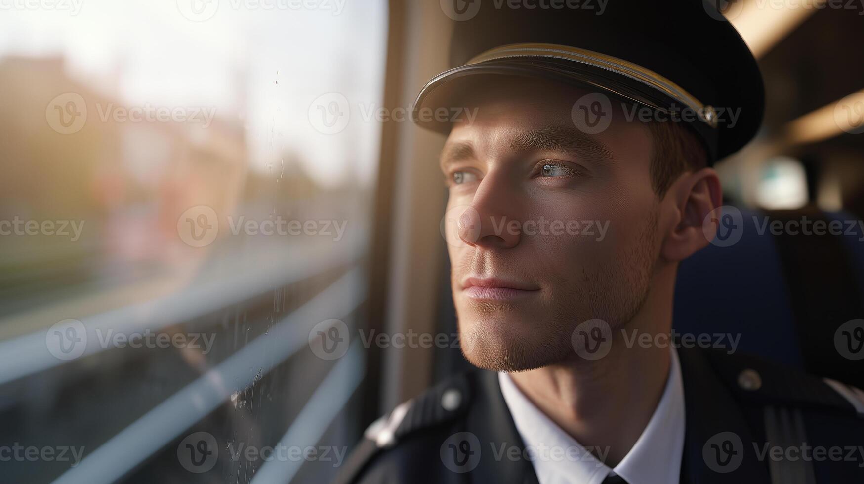 A conductor gazes thoughtfully out the window of a moving train, immersed in his thoughts. The soft afternoon light highlights his focused expression as he oversees the journey ahead. photo