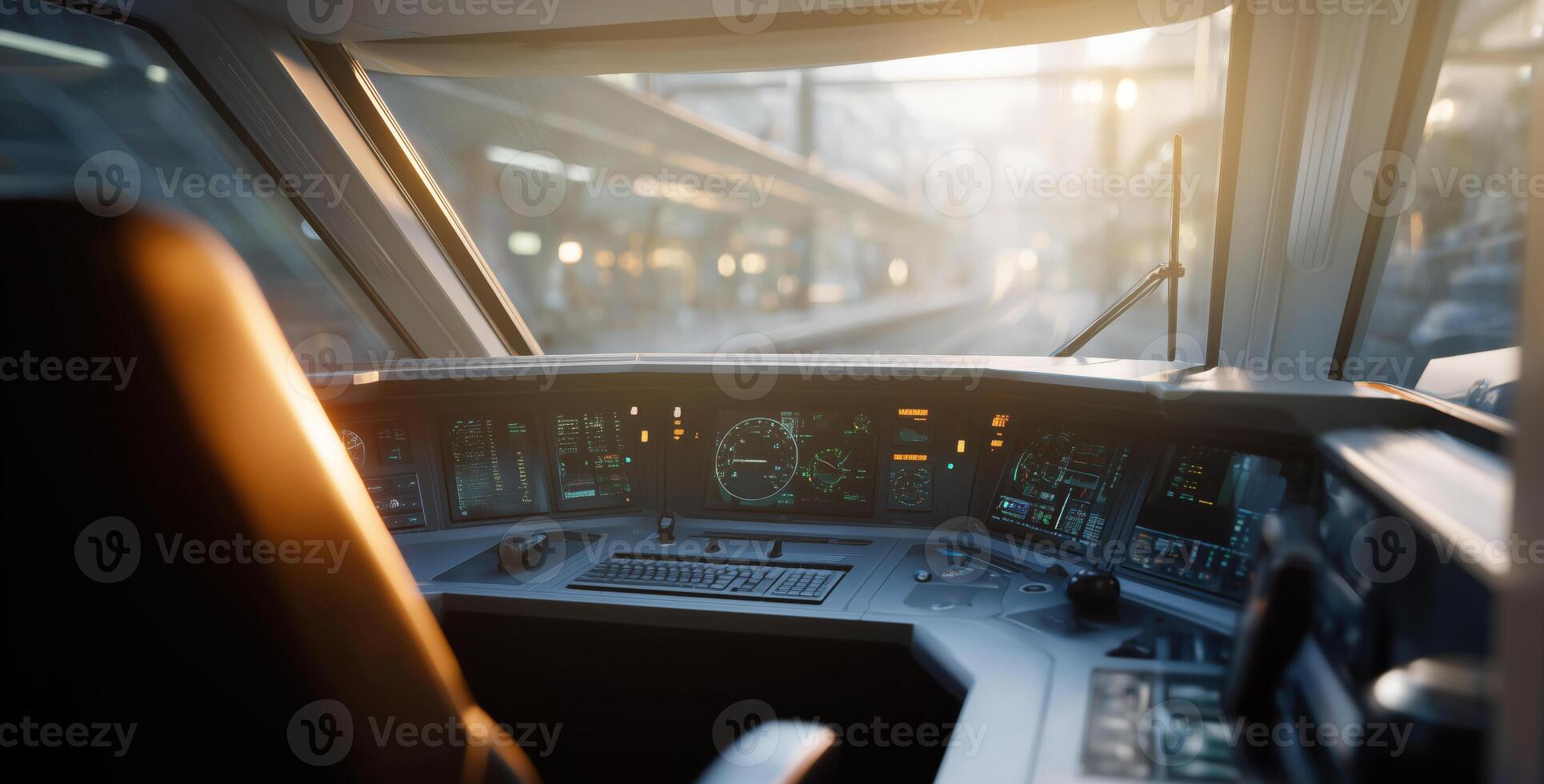 A train conductor oversees operations from a high-tech control cabin during sunset. The warm glow of the setting sun highlights the advanced displays and instruments used for train management. photo