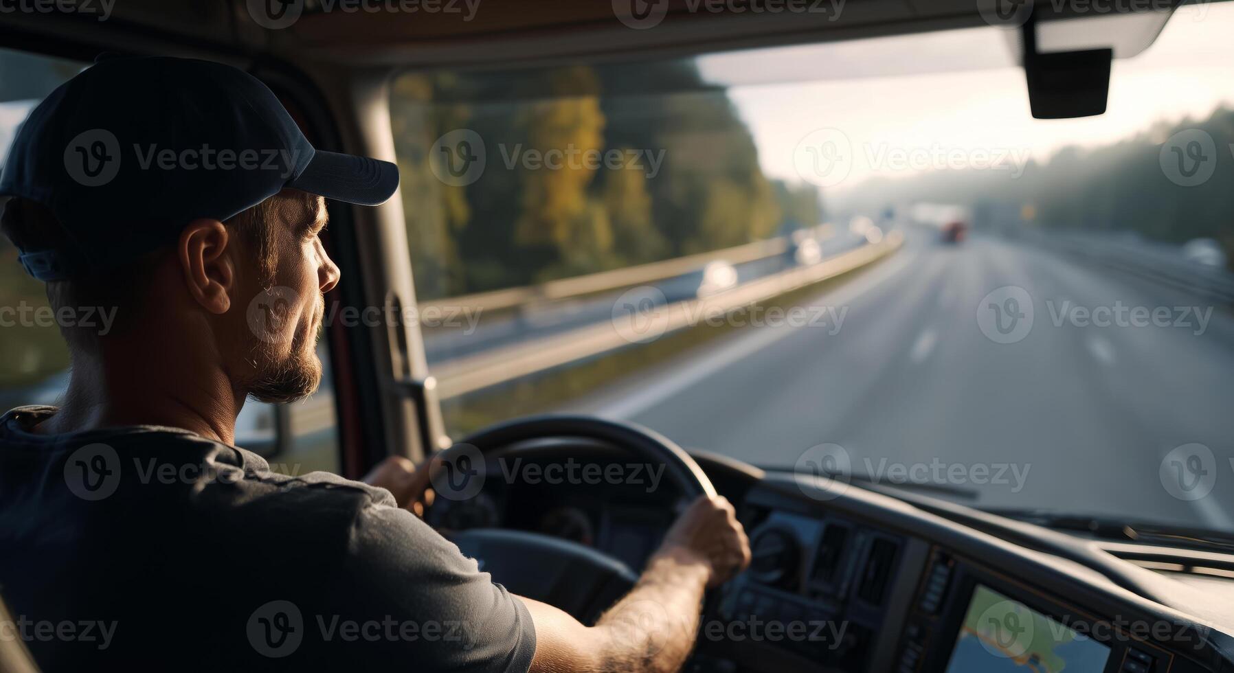 A man drives a large truck on a highway surrounded by trees as the sun sets. The driver focuses intently on the road ahead, embodying the dedication of his profession as he maneuvers through traffic. photo