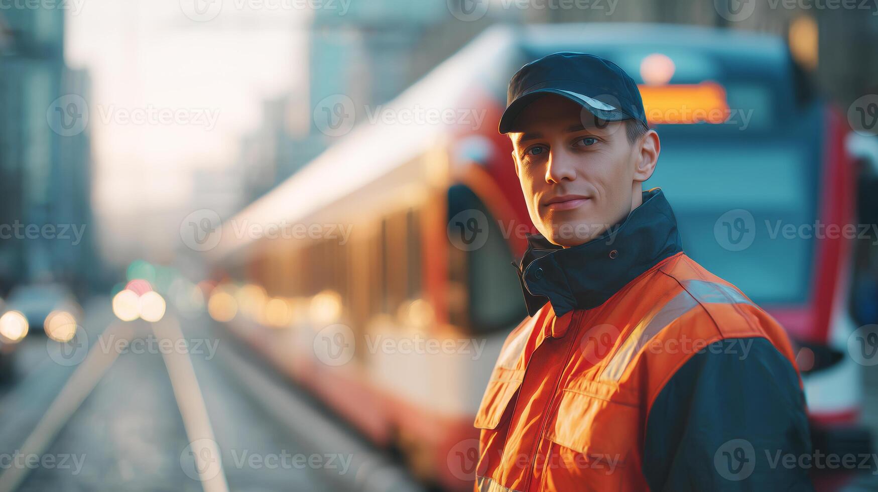 A man dressed in a conductor uniform stands confidently beside a train during dusk. He monitors the tracks and surrounding area in a busy urban environment where trains are an essential service. photo