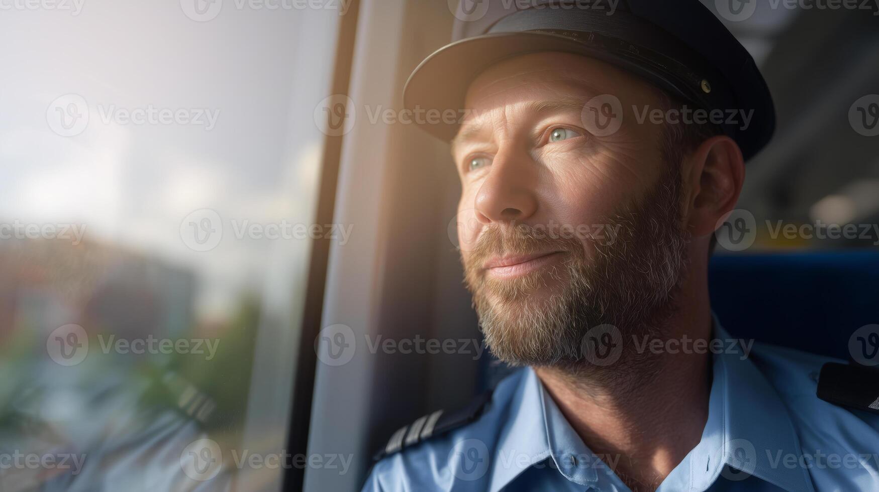 A man in a conductor's uniform gazes thoughtfully out of a train window while traveling during the day. His expression reflects a sense of duty and admiration for the scenery passing by. photo